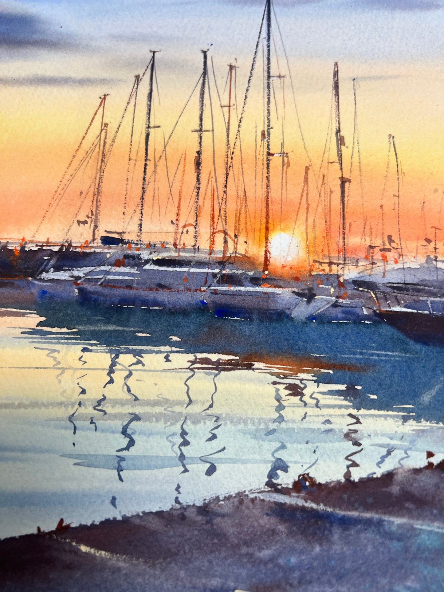 Sunset Harbor Watercolor Painting, Sailing Yacht Mast Wall Art, Silent Sunset Marina 8x12