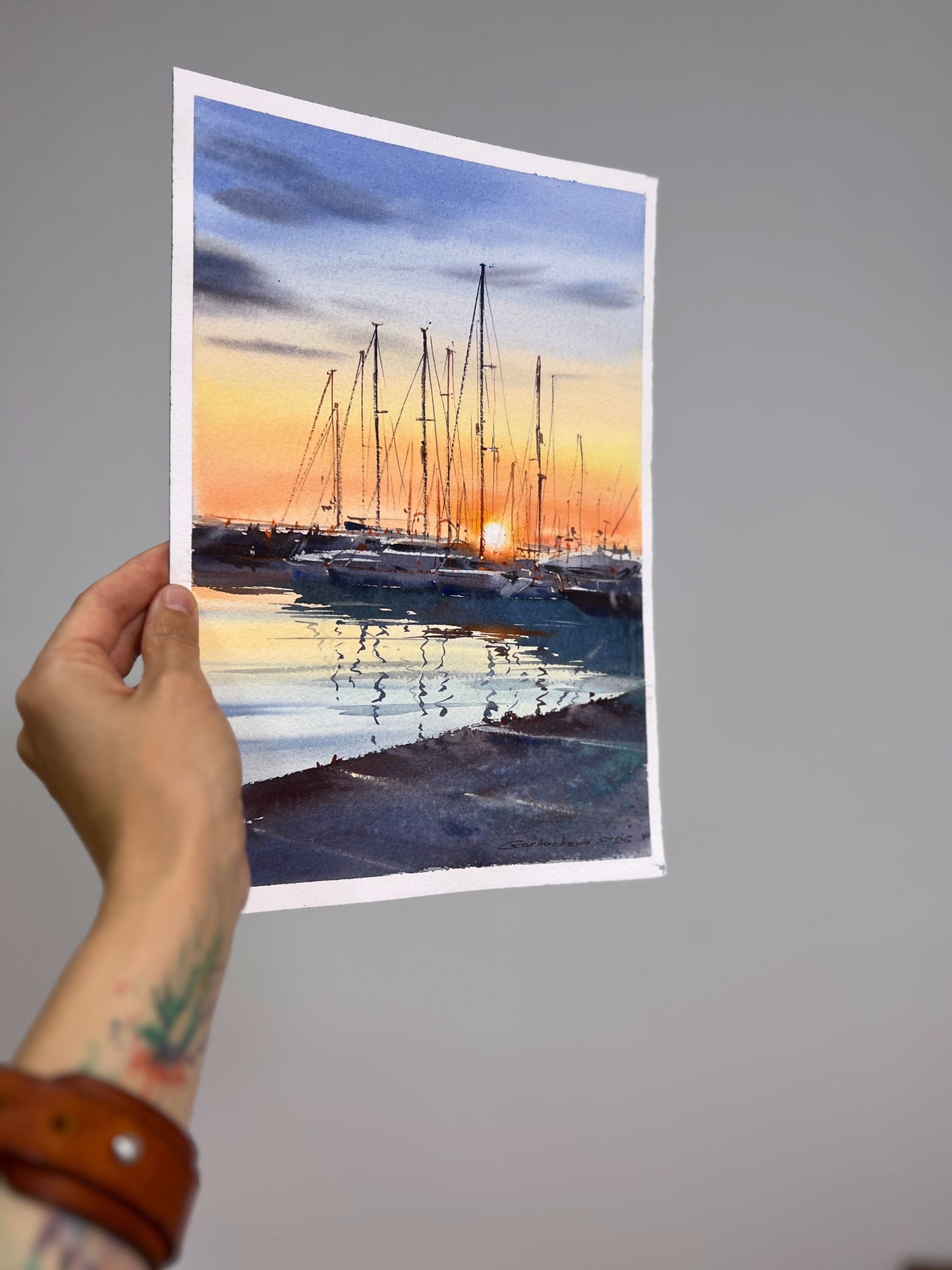 Sunset Harbor Watercolor Painting, Sailing Yacht Mast Wall Art, Silent Sunset Marina 8x12