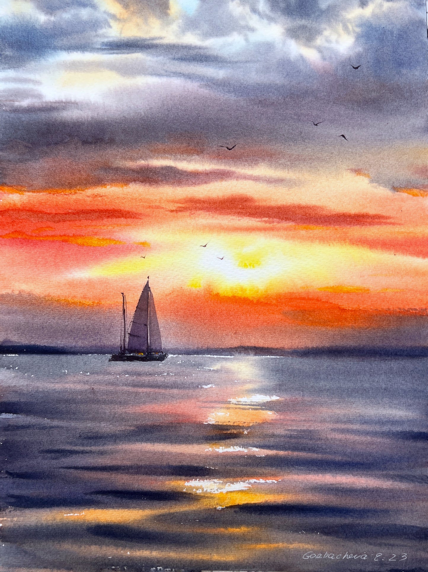 Watercolor Sailboat Painting Original, Sea Art, Coastal Sunrise, Yacht Bedroom Wall Decor, Gift For Him, Orange, Blue
