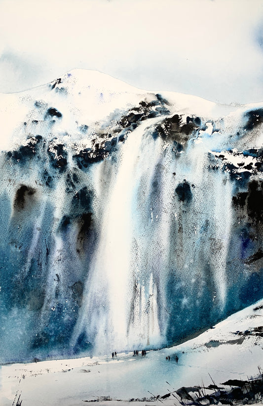 Nordic Landscape Watercolor Painting - Ice waterfall - 15 x 22 in