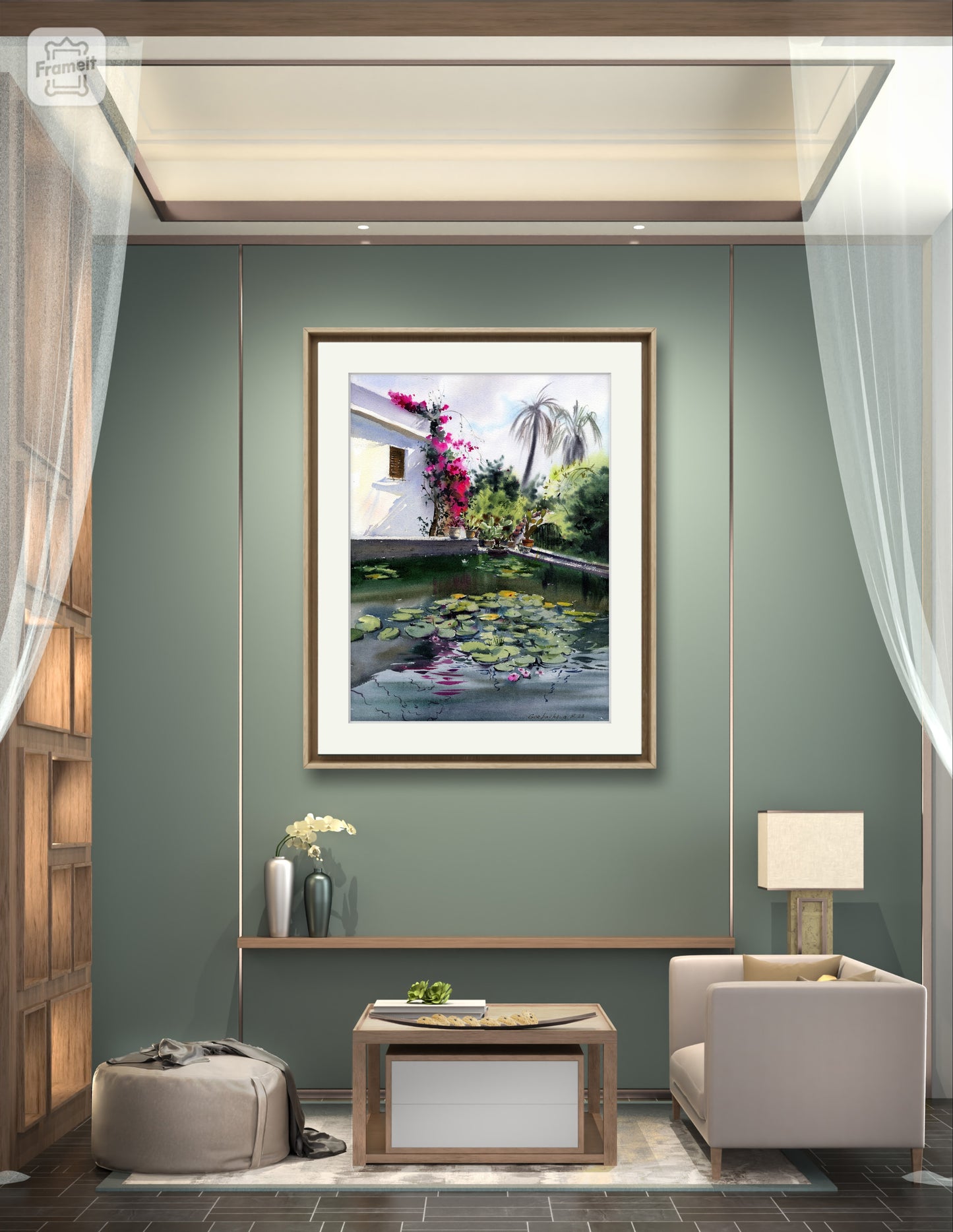 Spanish House Watercolor Prin, Travel Art Gift, European Wall Decor, Mediterranean Backyard, Pond Water Lilies
