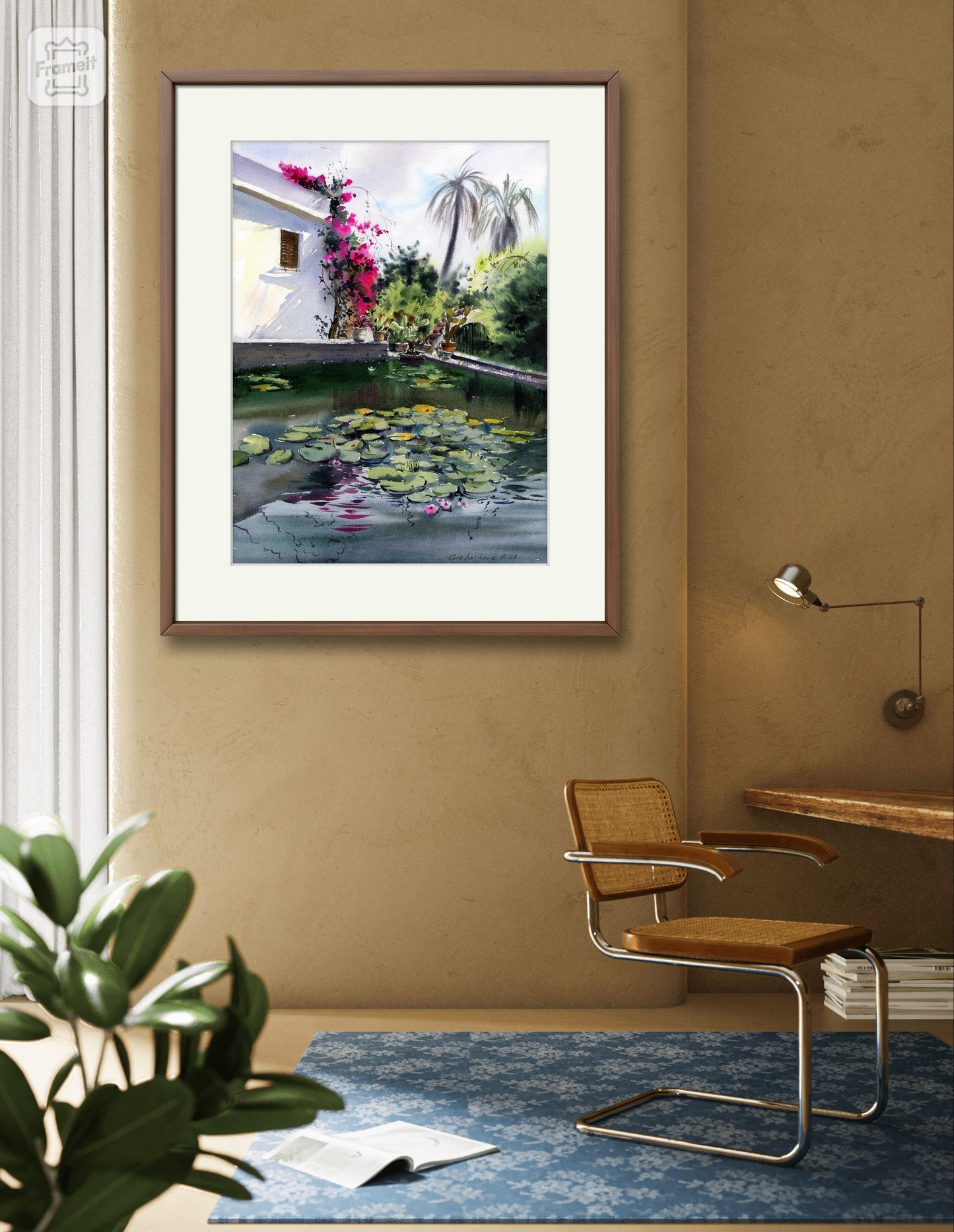 Spanish House Watercolor Prin, Travel Art Gift, European Wall Decor, Mediterranean Backyard, Pond Water Lilies