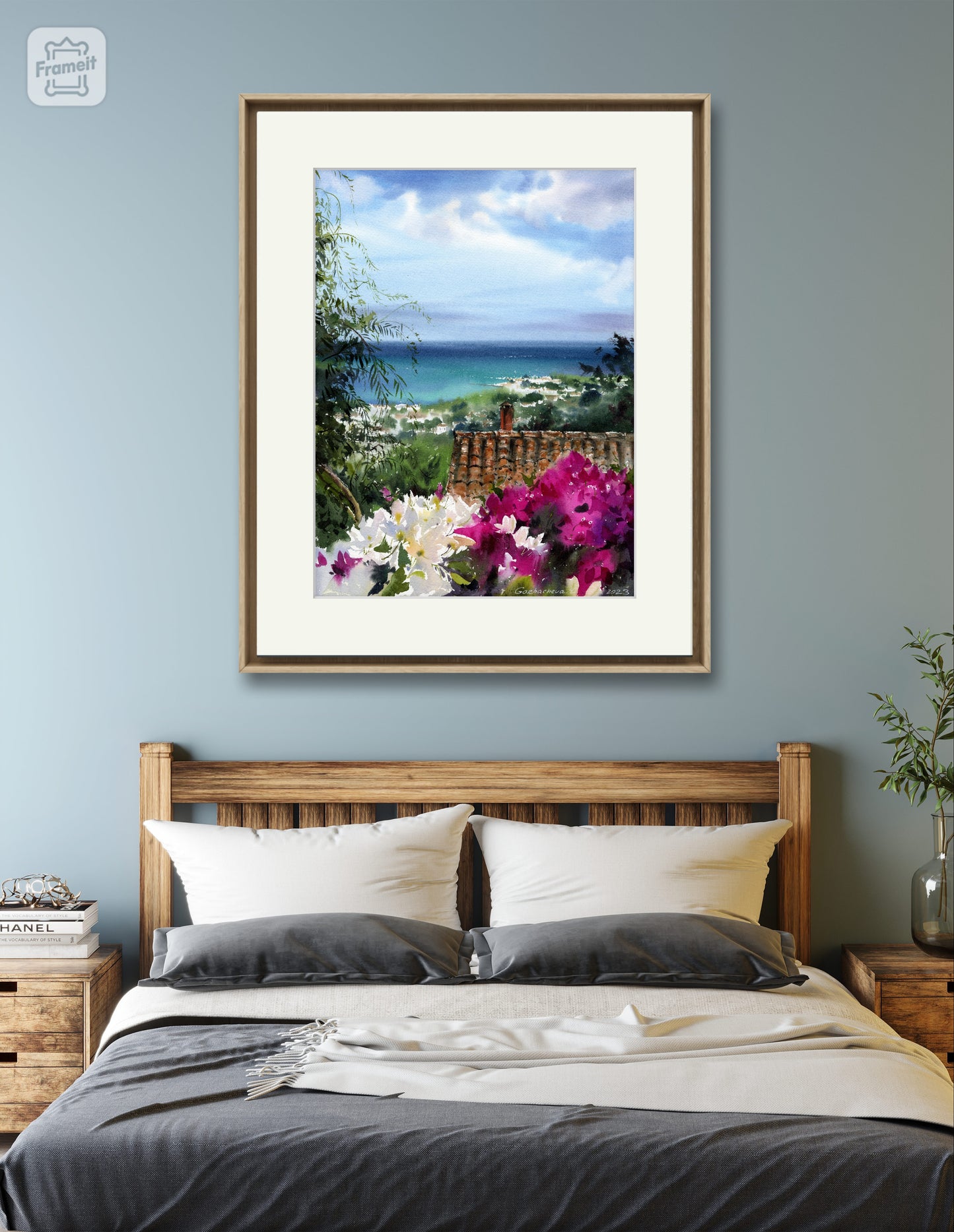 Greek Seaview Watercolor Print, Greece Travel Gift, Flower Garden Wall Art, Seaside Village, Mediterranean Painting