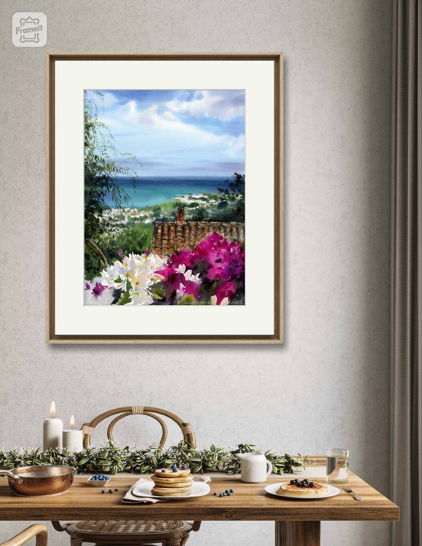 Greek Seaview Watercolor Print, Greece Travel Gift, Flower Garden Wall Art, Seaside Village, Mediterranean Painting