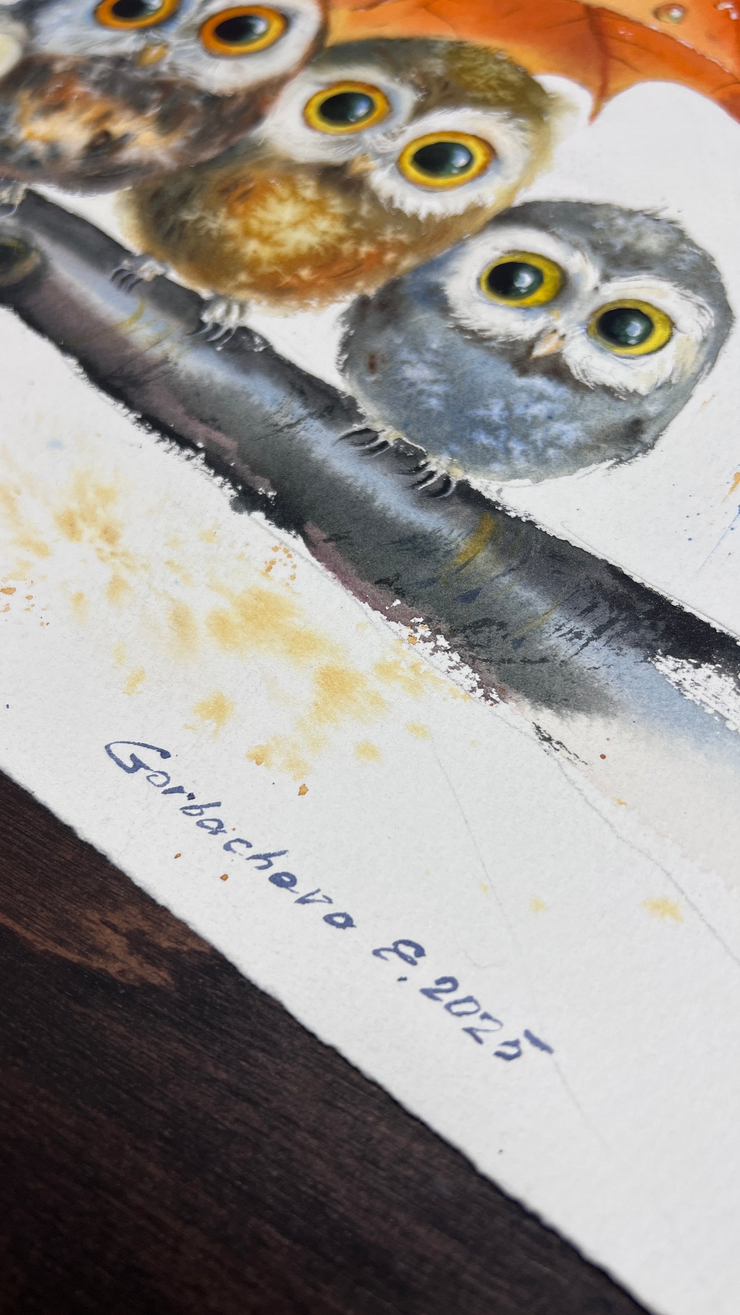 Original Owl Watercolor Painting | Cute Owls Under Autumn Leaf |Owl Umbrella Haven 11x15 in