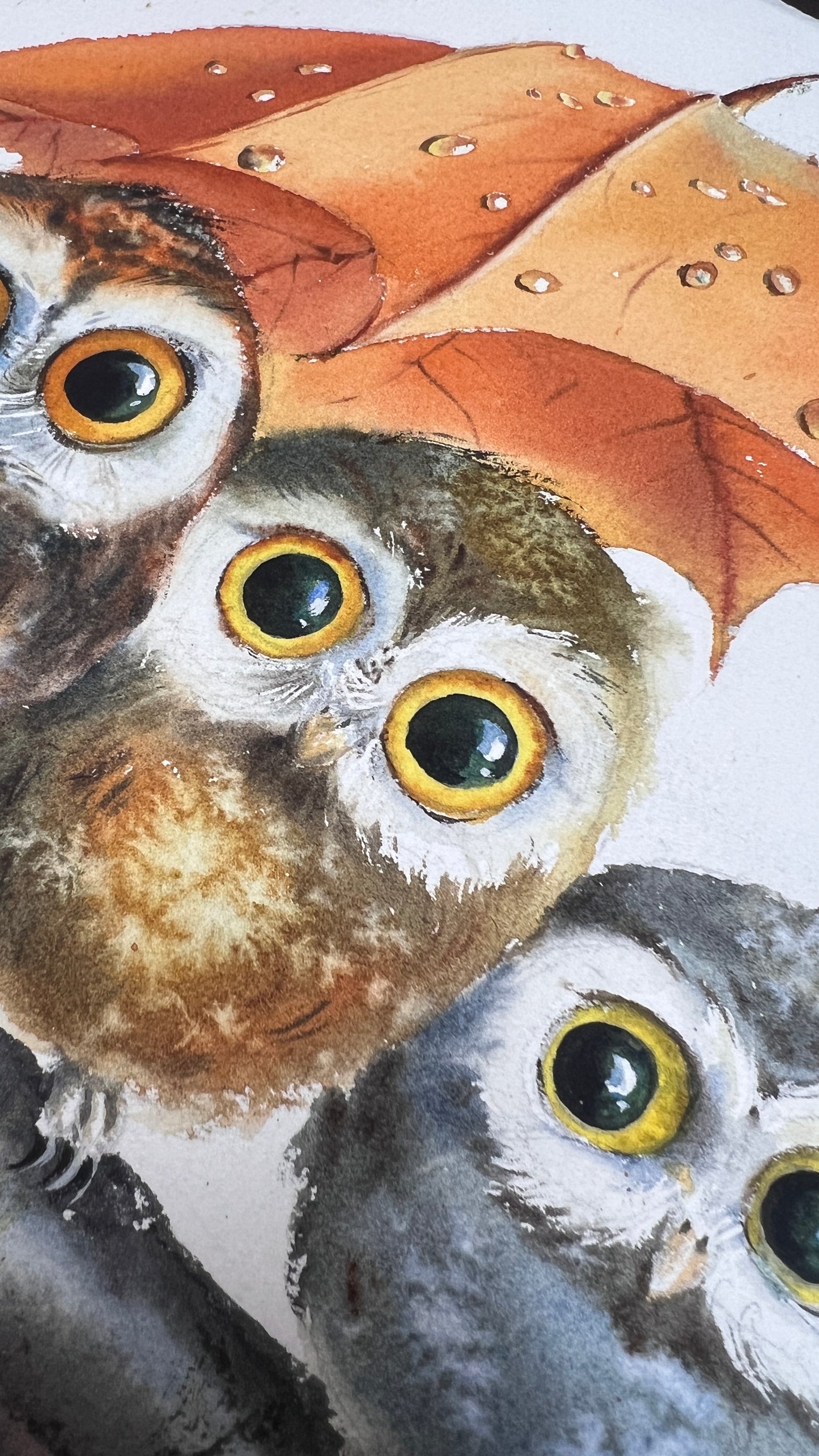 Original Owl Watercolor Painting | Cute Owls Under Autumn Leaf |Owl Umbrella Haven 11x15 in