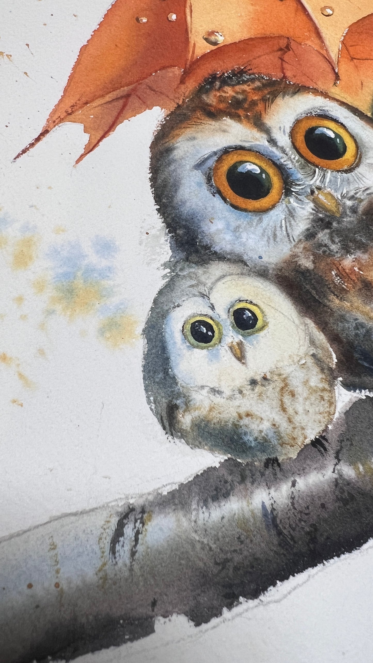 Original Owl Watercolor Painting | Cute Owls Under Autumn Leaf |Owl Umbrella Haven 11x15 in