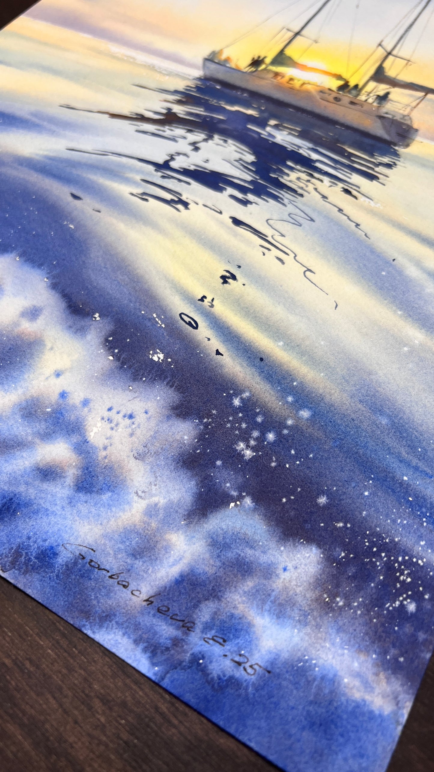 Watercolor Painting Original Seascape "Where the Yacht Meets the Sky #2" 12x16 in Blue Yellow Art Gift (Copy)