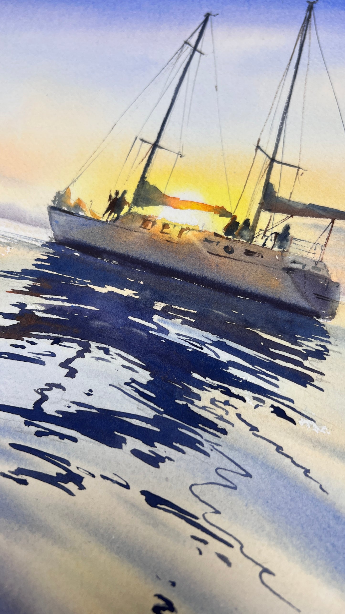 Watercolor Painting Original Seascape "Where the Yacht Meets the Sky #2" 12x16 in Blue Yellow Art Gift (Copy)