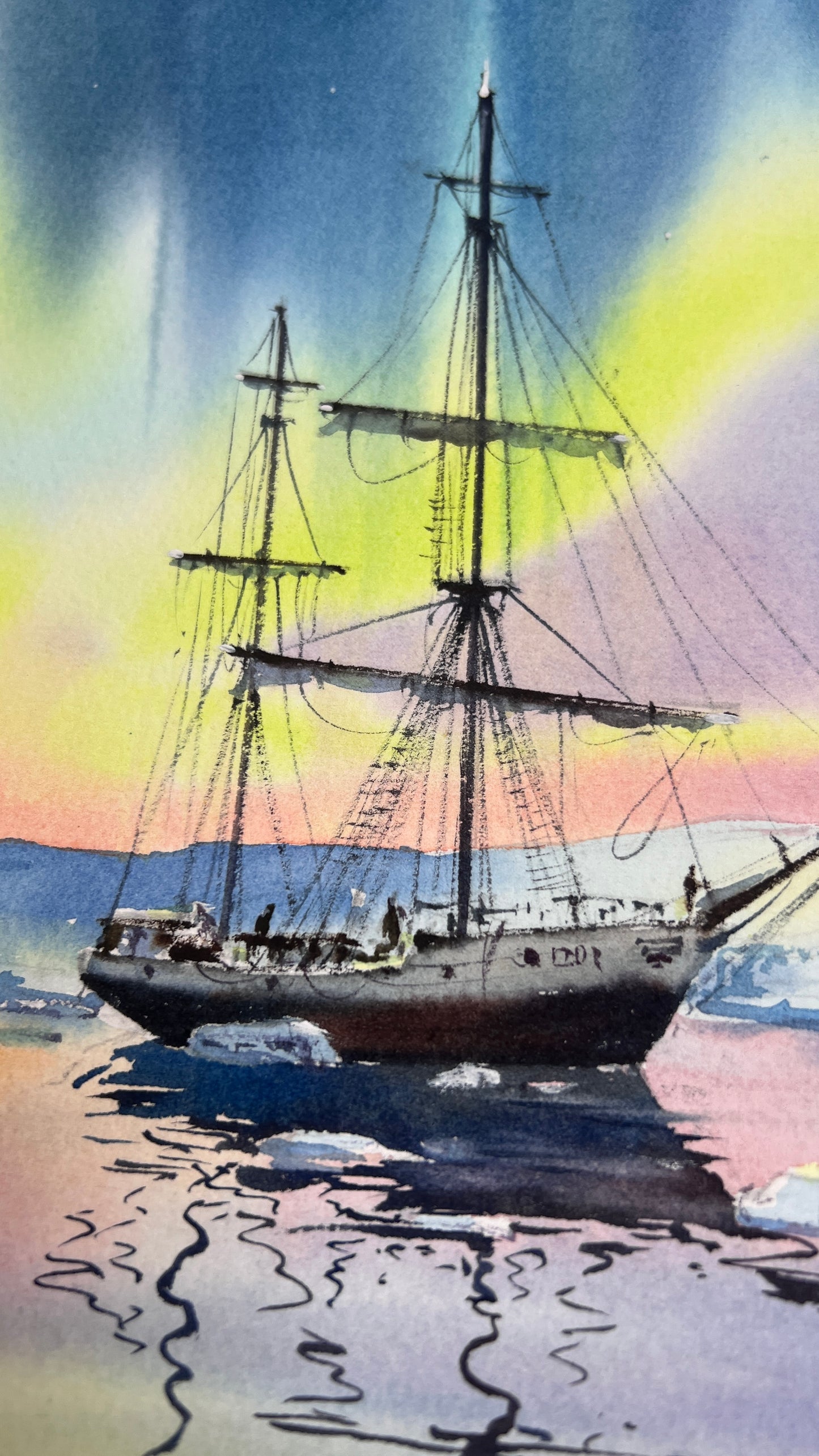 Original Northern Lights Art, Polar Watercolor, Arctic Serenity 12x16 in