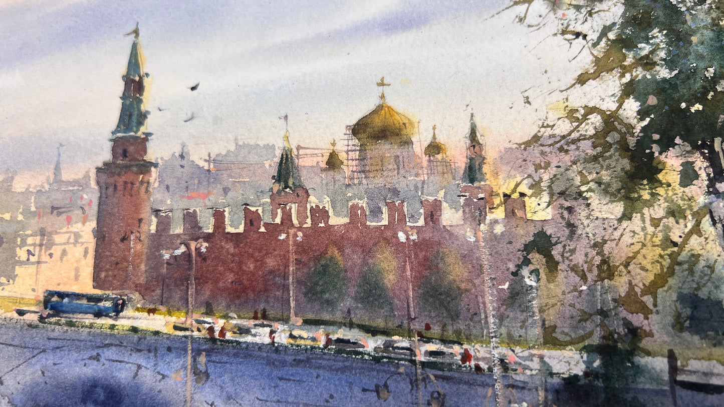 Moscow Red Square, Watercolor Painting Kremlin, Moscow Morning Light 9x15 in