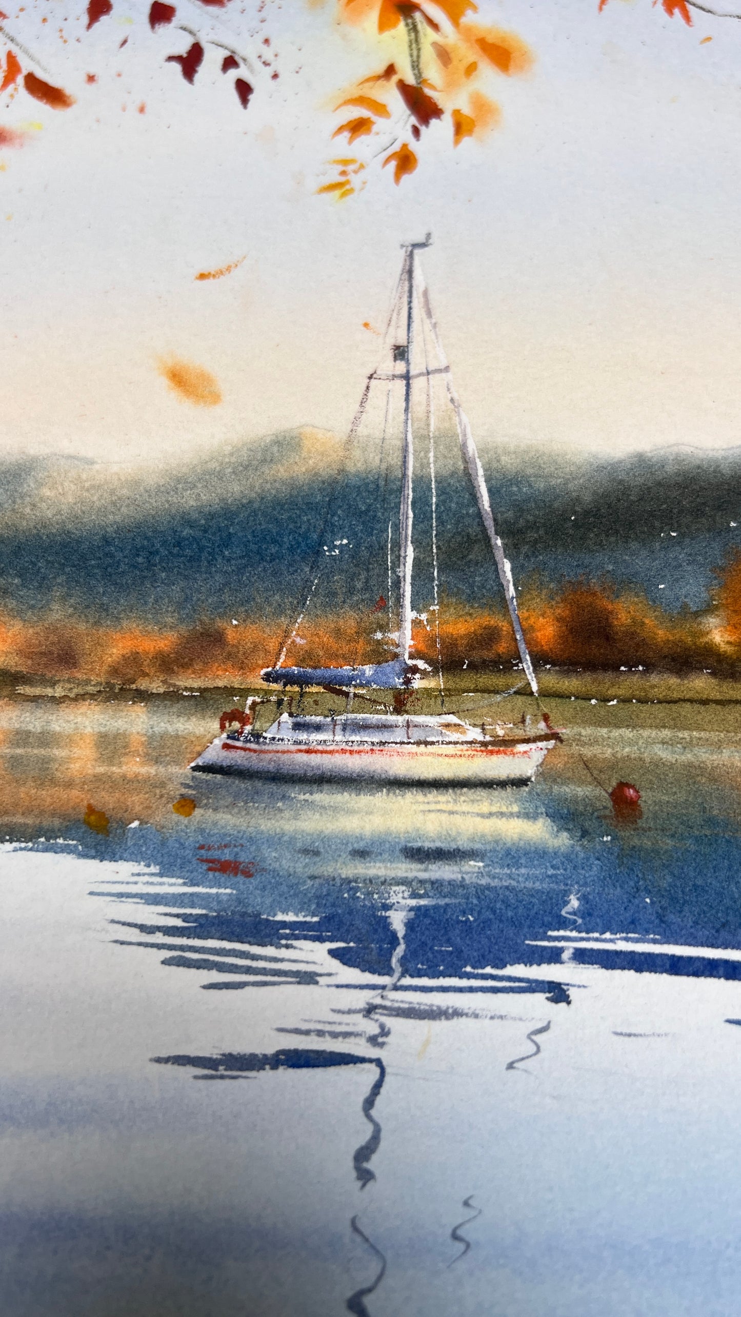 Original Sailboat Watercolor Painting, Autumn harbor- 11 x 15 in