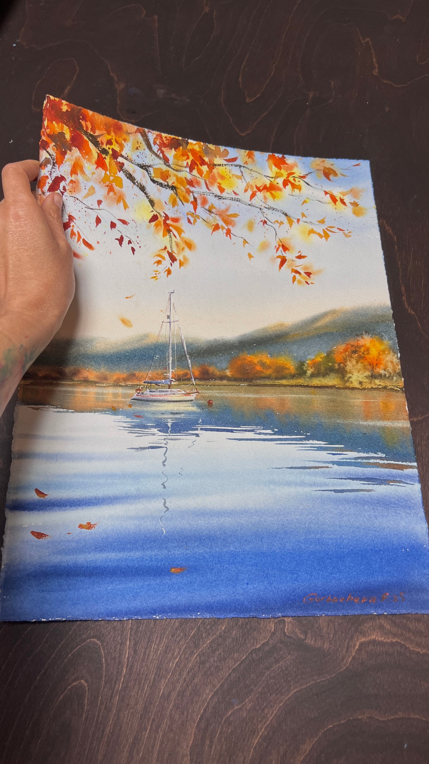 Original Sailboat Watercolor Painting, Autumn harbor- 11 x 15 in