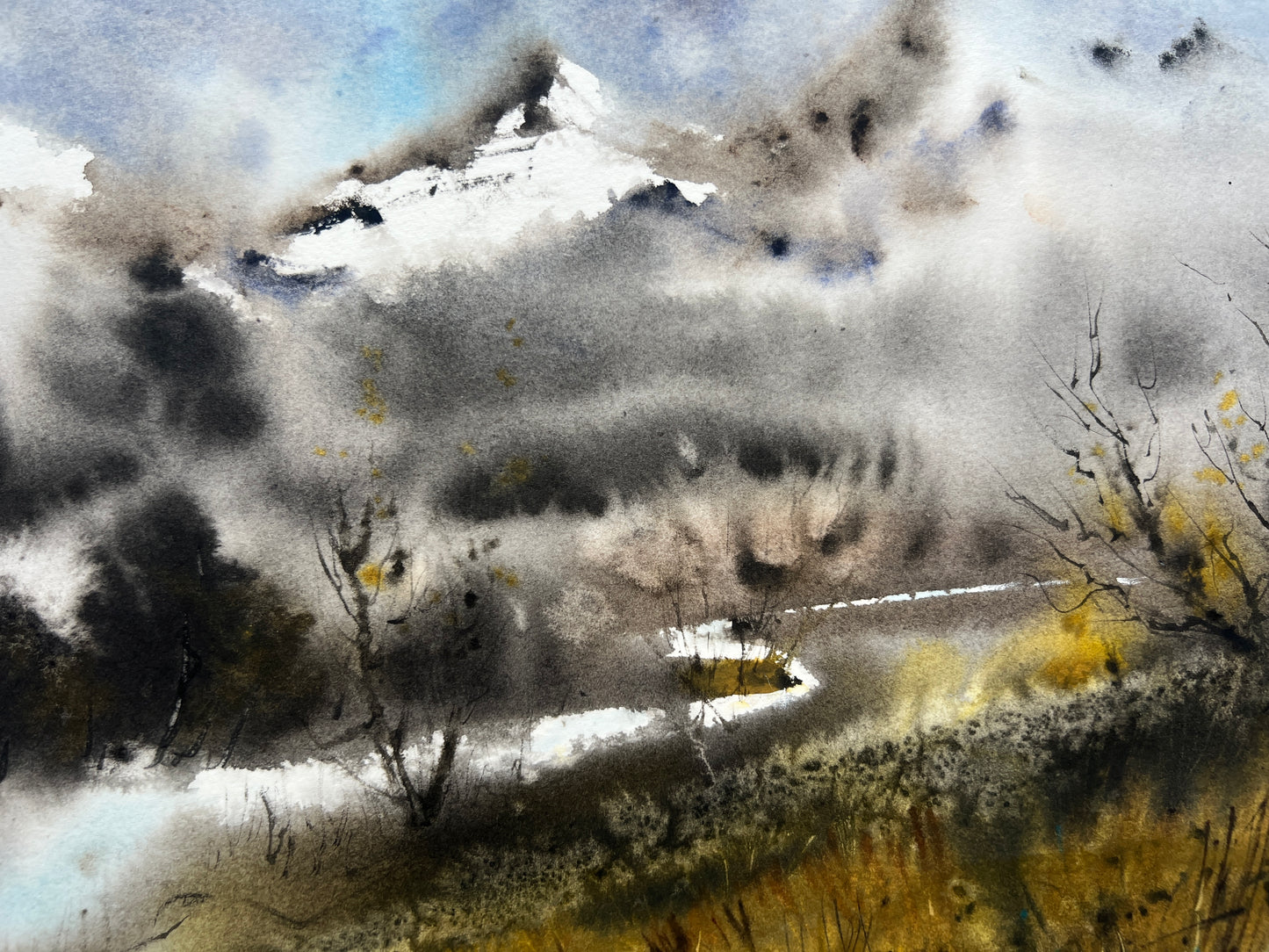 Abstract Mountain Painting Watercolour Original, Contemporary Art, Mountains, Wall Decor, Modern Landscape With River
