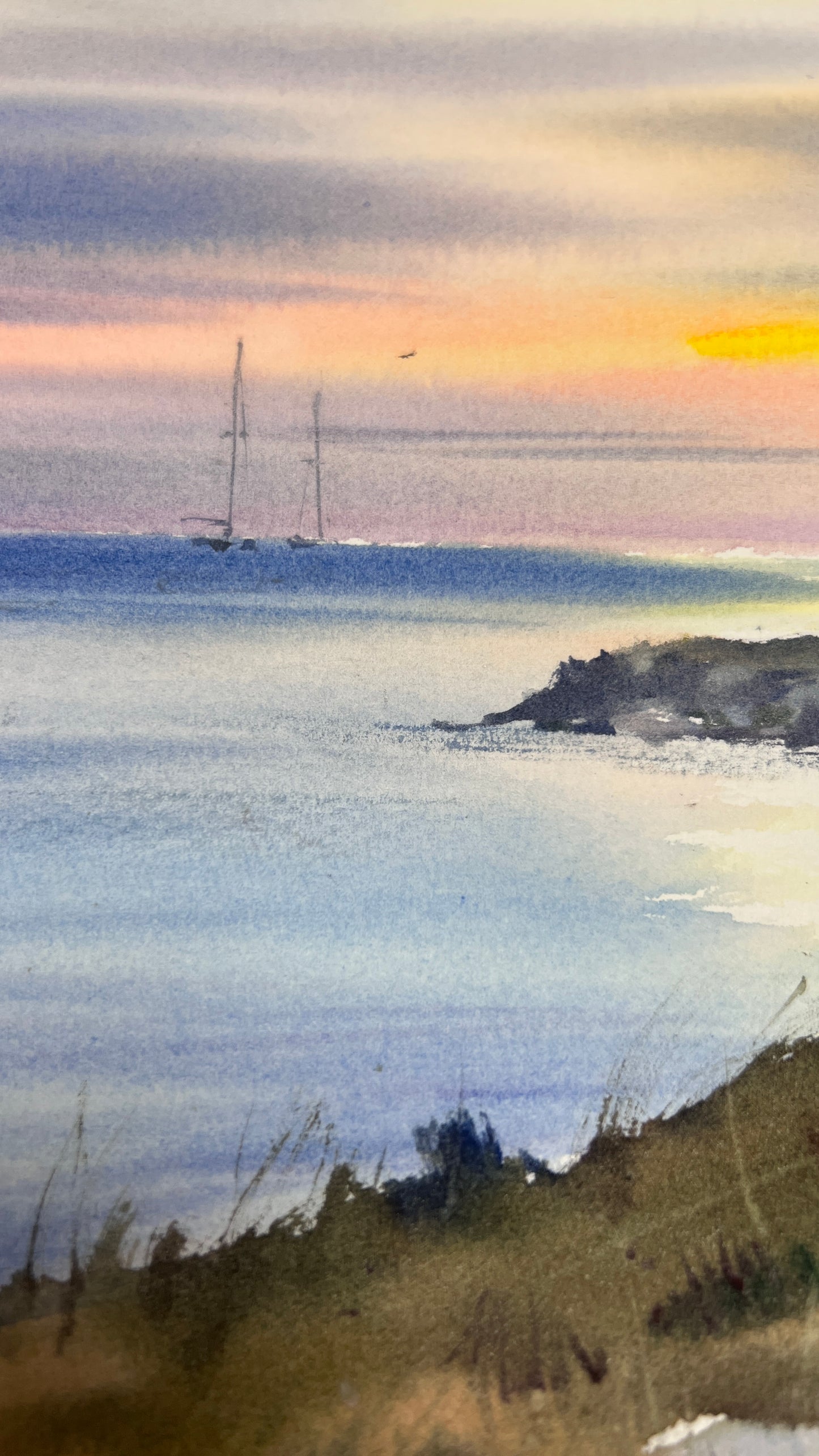 Cyprus Sunset Seascape Watercolor Painting, Coastal Landscape Art, Evening Breath of Cyprus 12x16