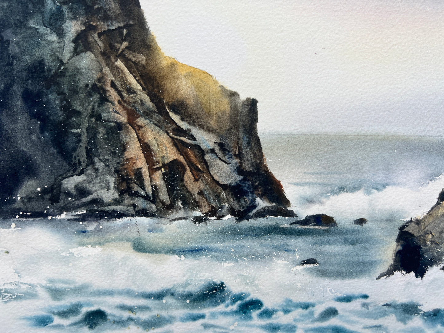 Original Watercolor Landscape of Cliffs, Marine Landscape, Cyprus Seine Maritime Artwork, Rock and Sea, Wave
