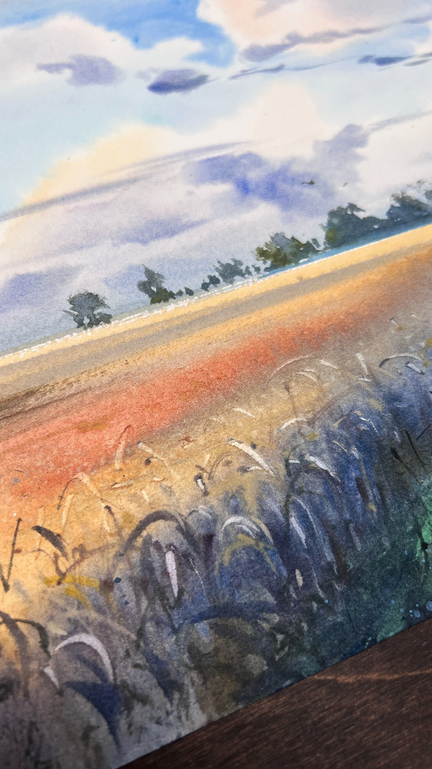 Russian countryside watercolor landscape, Rural field road, Sky clouds painting, Silent Field Road 12x16