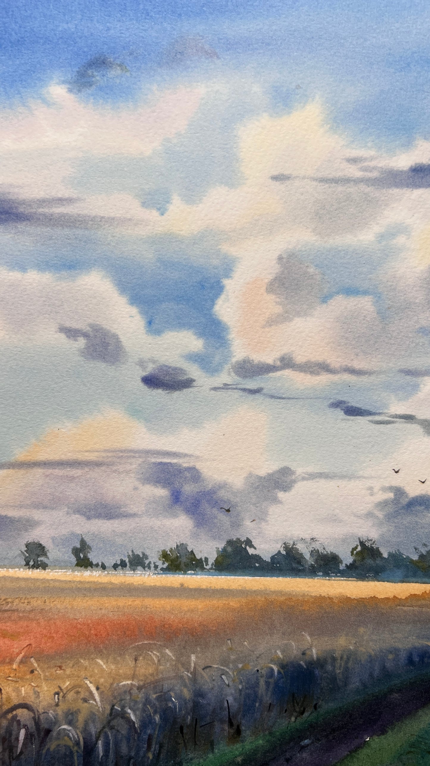 Russian countryside watercolor landscape, Rural field road, Sky clouds painting, Silent Field Road 12x16