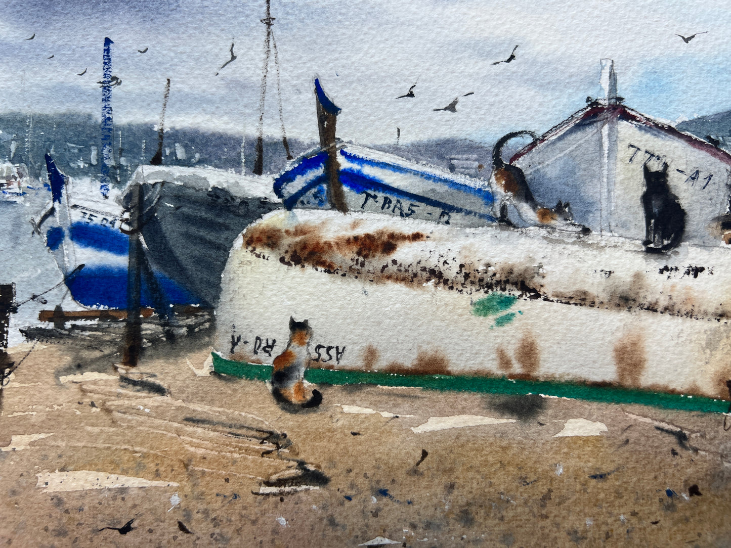 Original Painting of Spanish Cats, Watercolor Artwork, Coast of Spain, Coastal Town, Boat, Unique Travel Gift, Beach Art