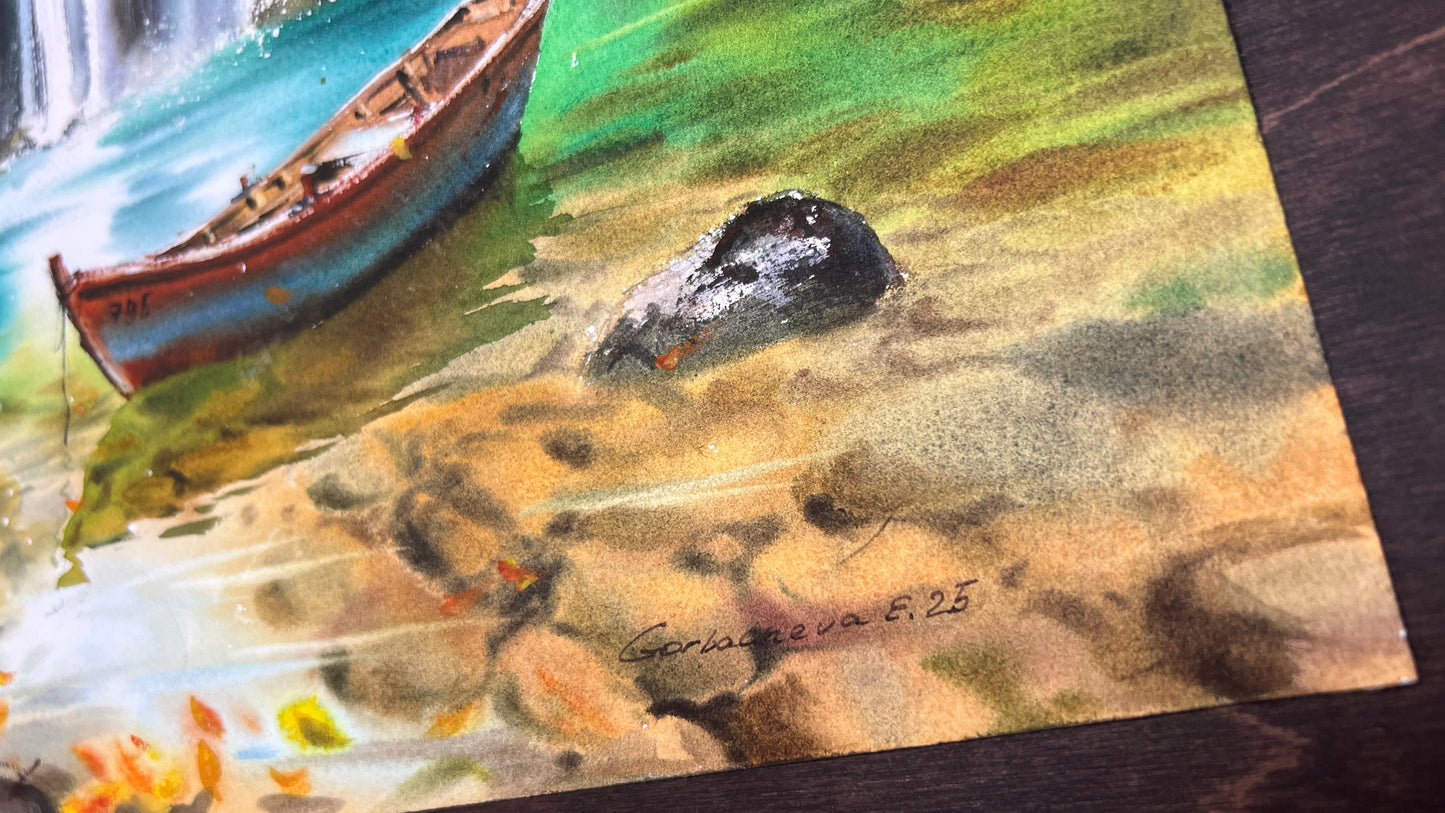 Original Waterfall Watercolor Painting, Autumn Landscape Wall Art, Boat Beneath Autumn’s Cascade 12x16 in