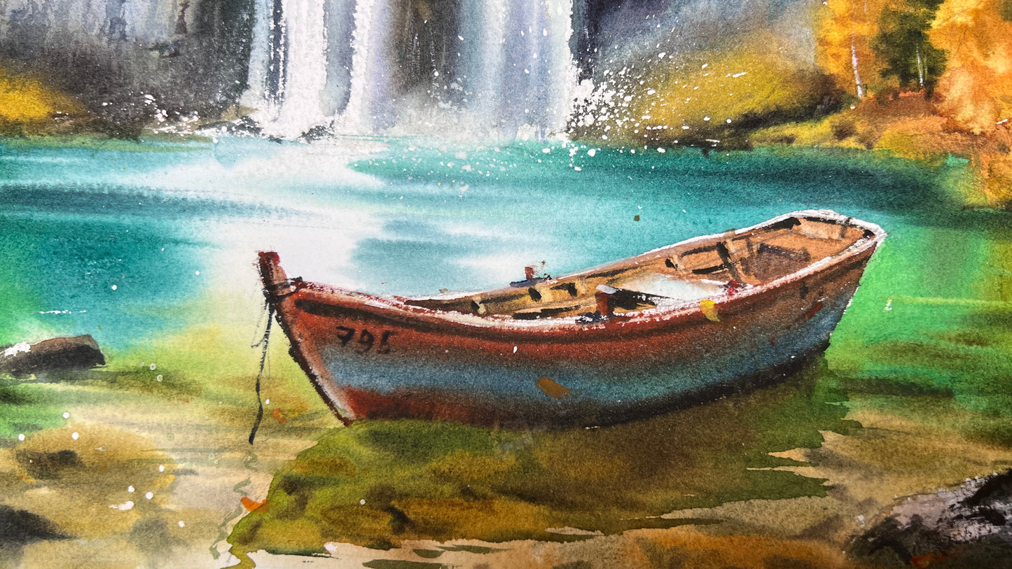 Original Waterfall Watercolor Painting, Autumn Landscape Wall Art, Boat Beneath Autumn’s Cascade 12x16 in