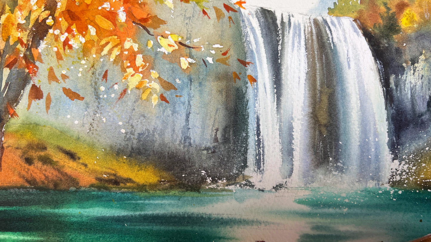 Original Waterfall Watercolor Painting, Autumn Landscape Wall Art, Boat Beneath Autumn’s Cascade 12x16 in