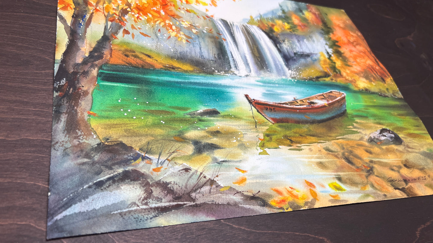 Original Waterfall Watercolor Painting, Autumn Landscape Wall Art, Boat Beneath Autumn’s Cascade 12x16 in