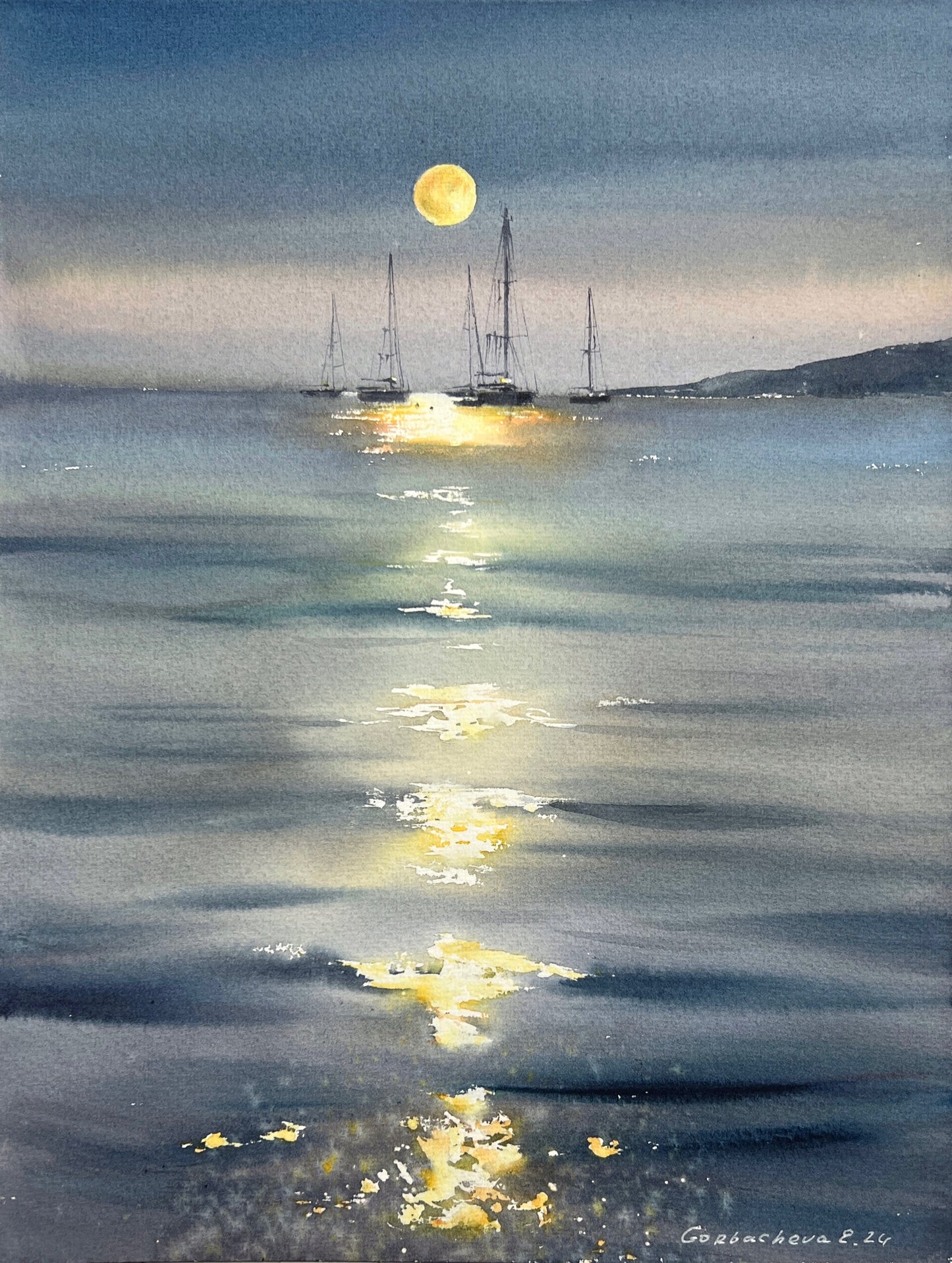 Yacht Painting Original, Small Watercolor Artwork - In the moonlight #5
