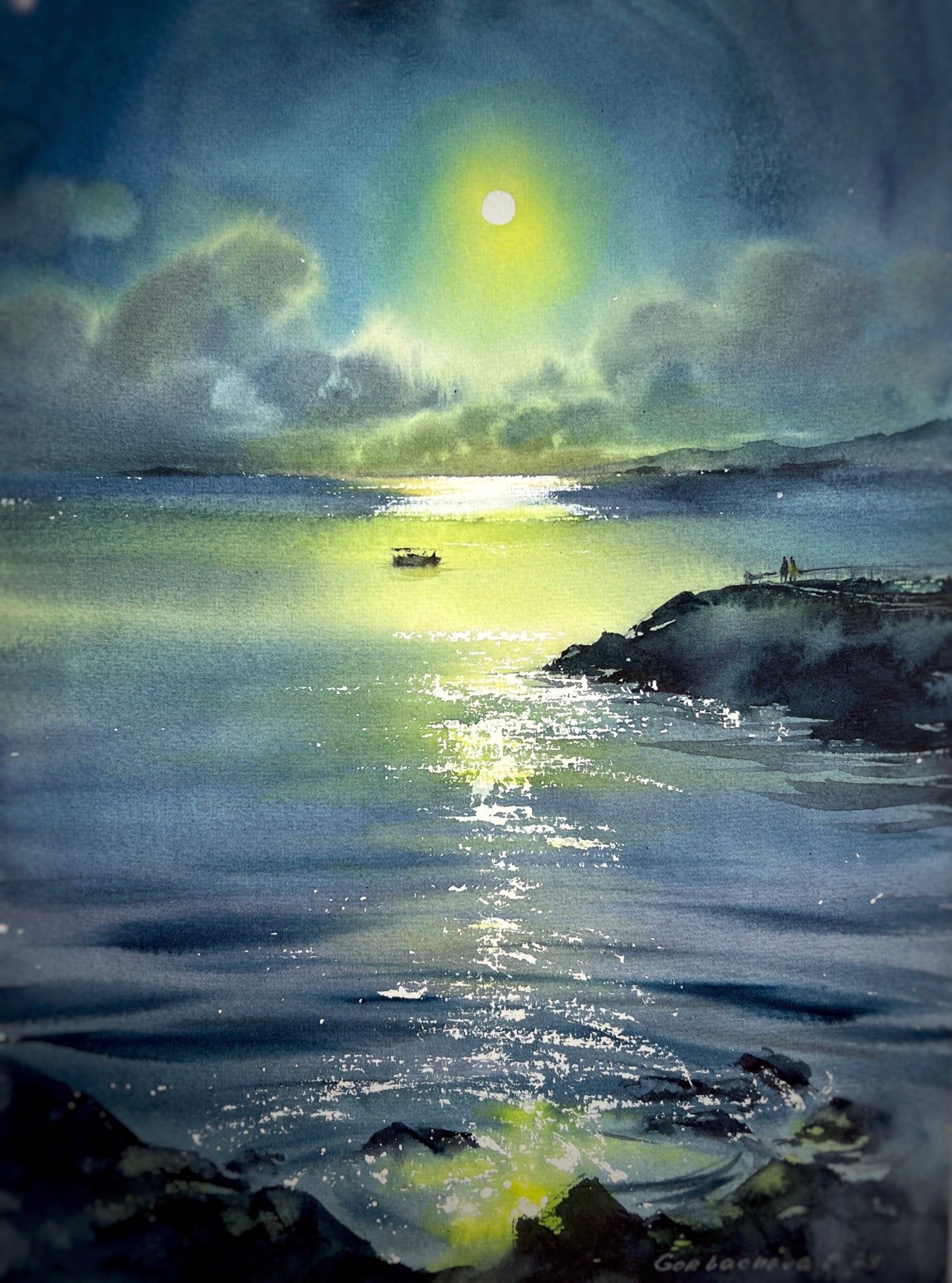 Coastal Yacht Painting Watercolor Original - In the moonlight #9