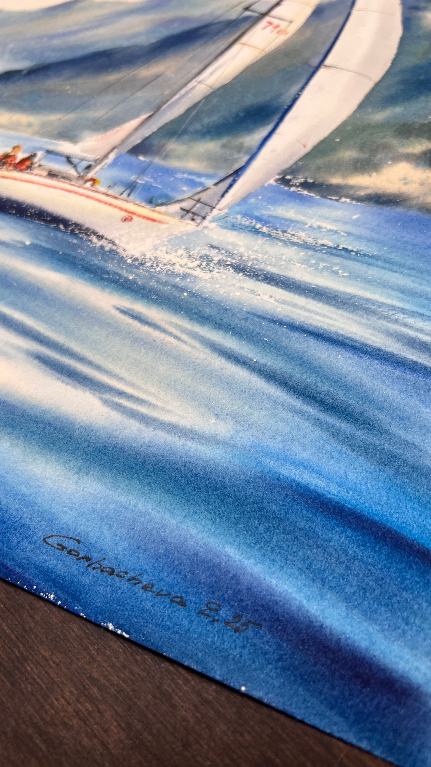 Sailing Boat Watercolor Painting, Ocean Landscape Art, Yacht on the waves #4 12x16