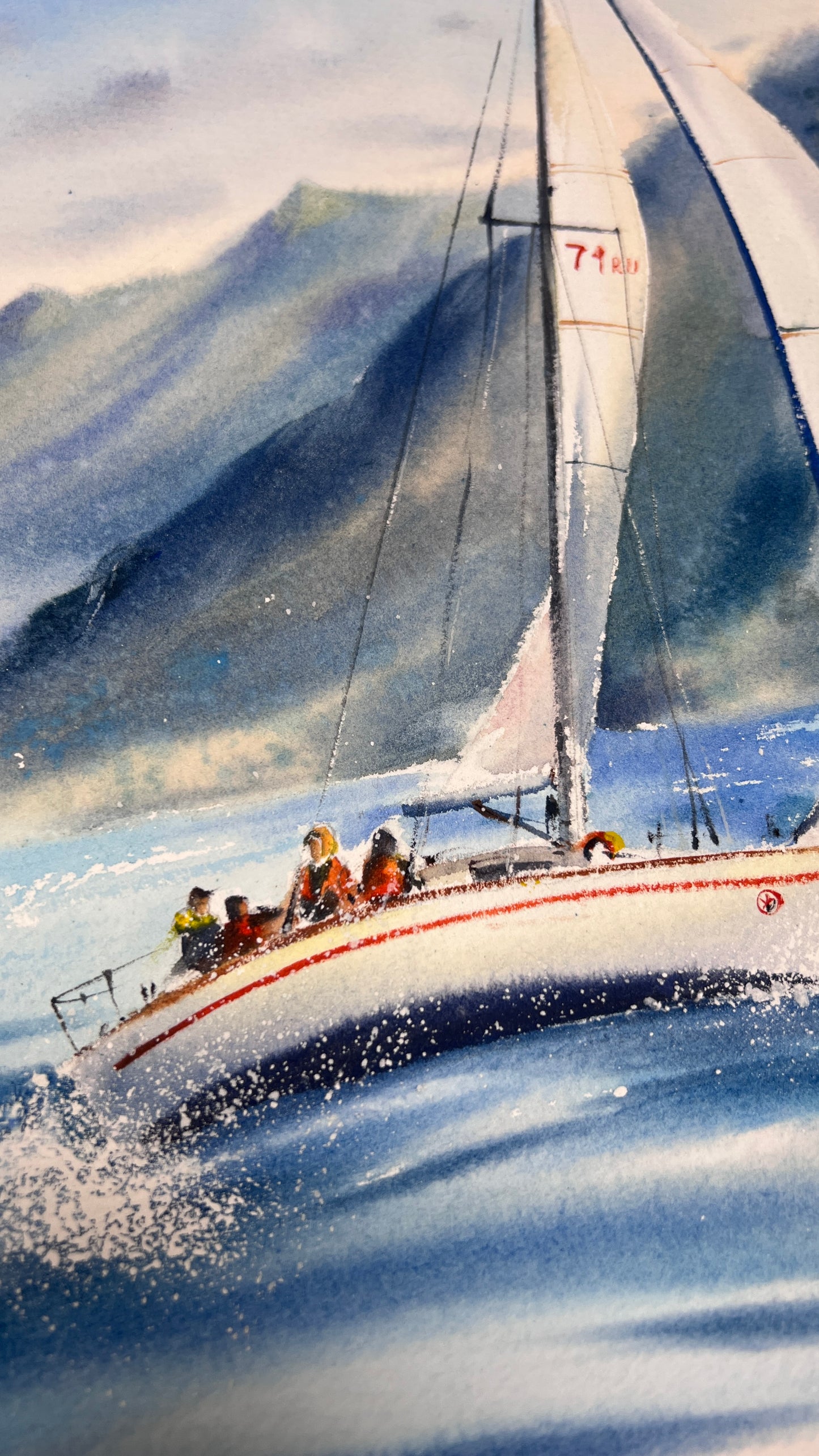 Sailing Boat Watercolor Painting, Ocean Landscape Art, Yacht on the waves #4 12x16