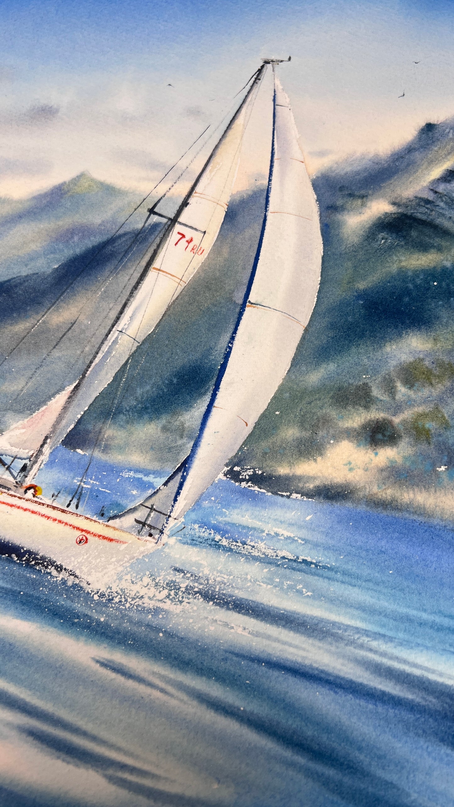 Sailing Boat Watercolor Painting, Ocean Landscape Art, Yacht on the waves #4 12x16