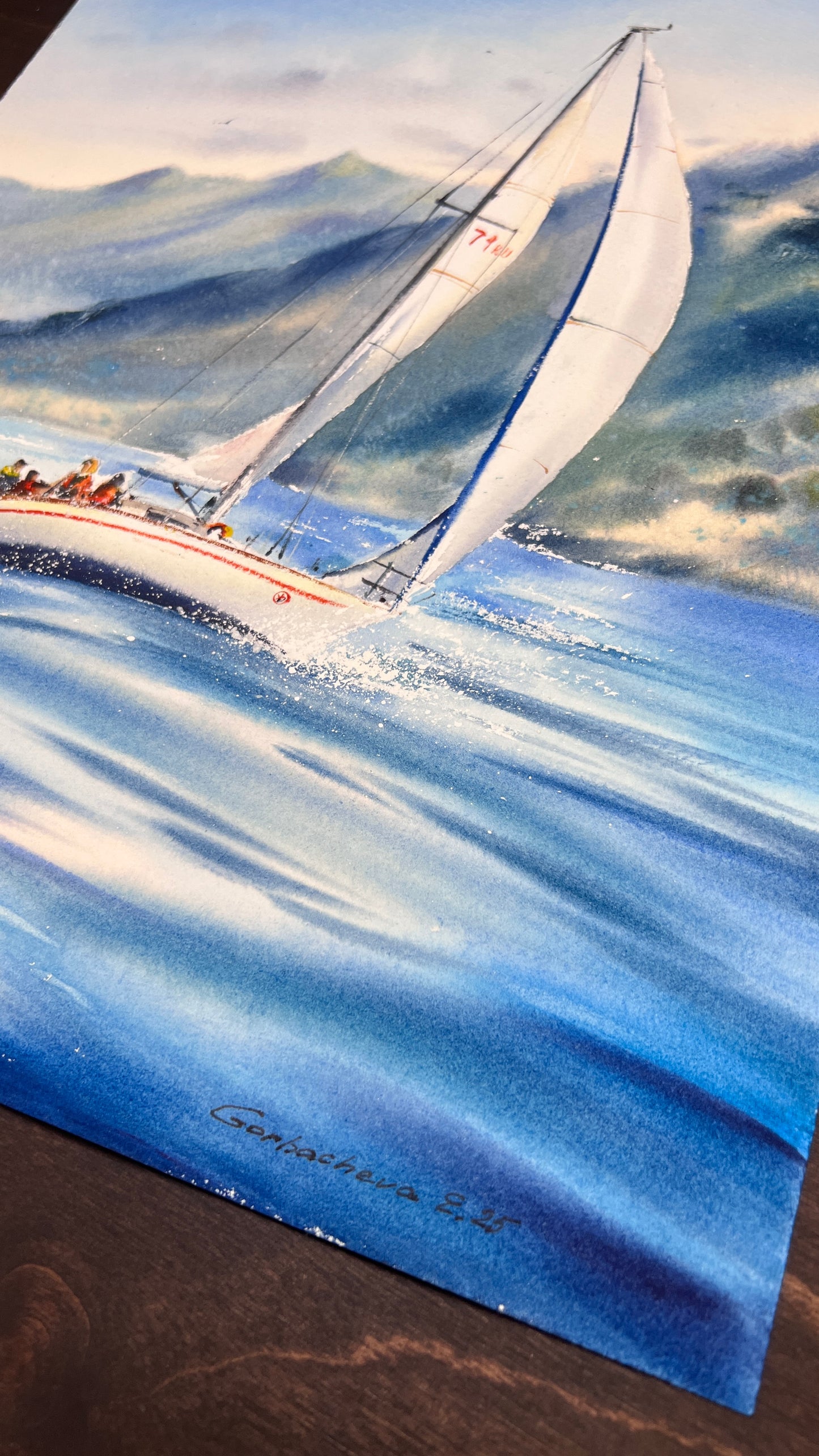 Sailing Boat Watercolor Painting, Ocean Landscape Art, Yacht on the waves #4 12x16