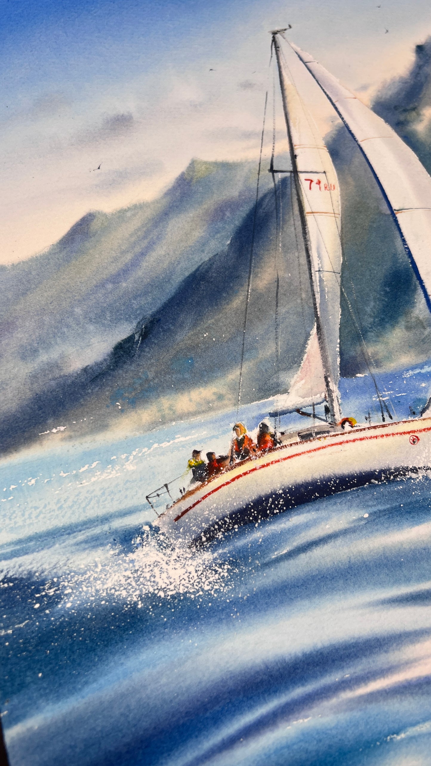 Sailing Boat Watercolor Painting, Ocean Landscape Art, Yacht on the waves #4 12x16