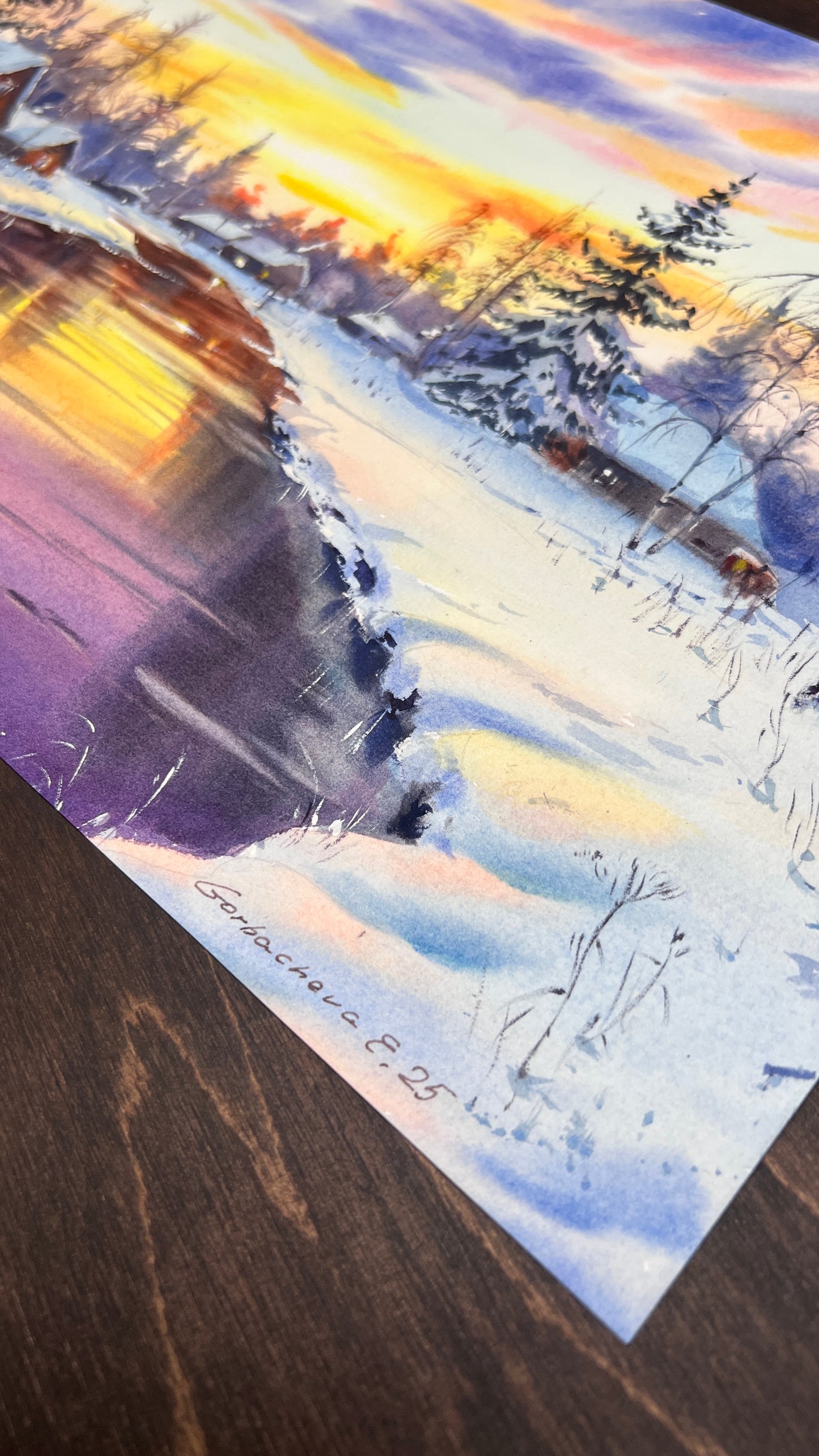 Watercolor Winter Landscape Original Painting | Snowy Sunset River Art 16x10 | Whispers of Winter Sunset