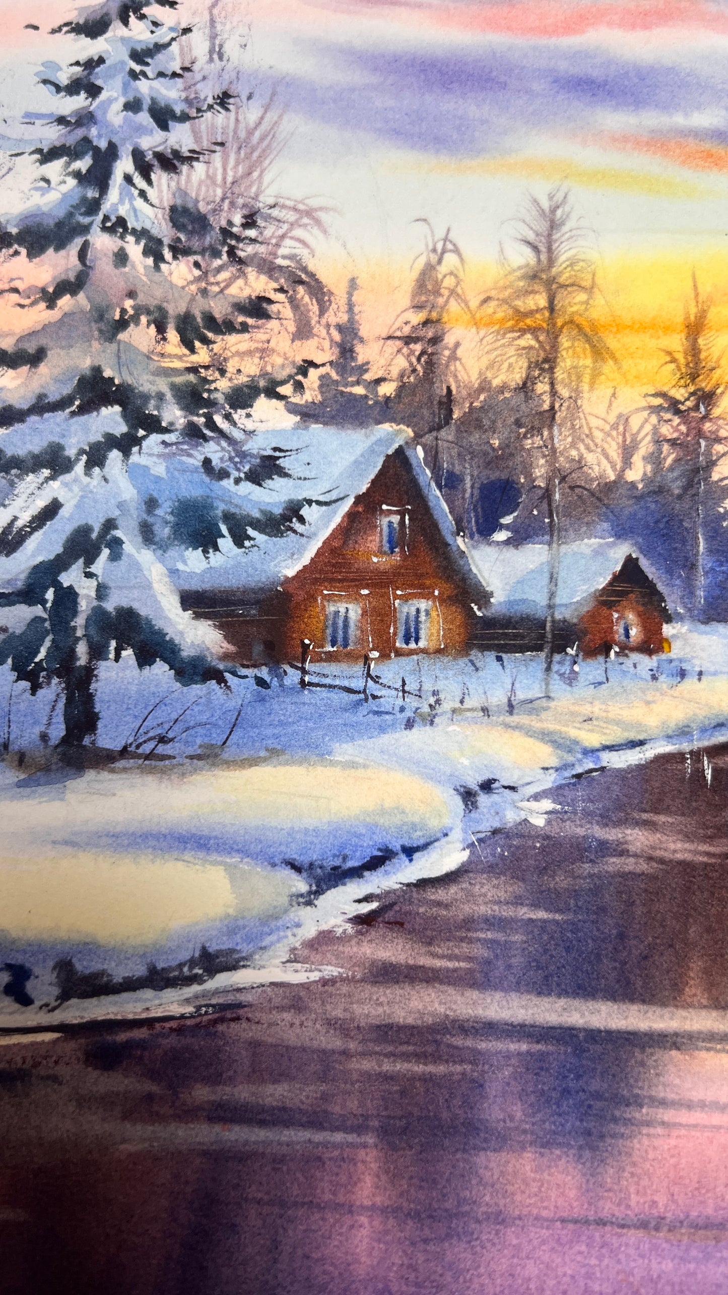 Watercolor Winter Landscape Original Painting | Snowy Sunset River Art 16x10 | Whispers of Winter Sunset