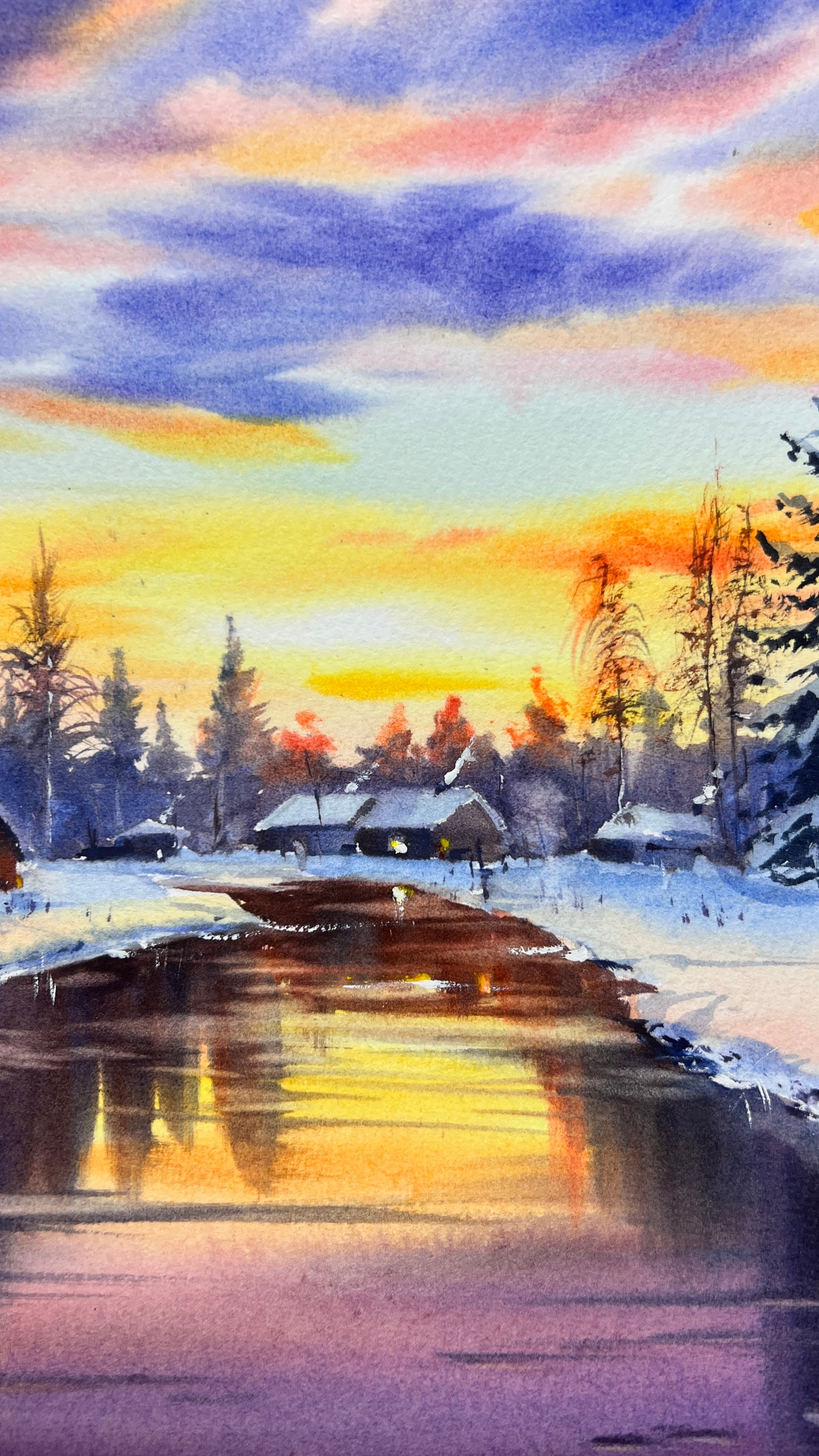 Watercolor Winter Landscape Original Painting | Snowy Sunset River Art 16x10 | Whispers of Winter Sunset