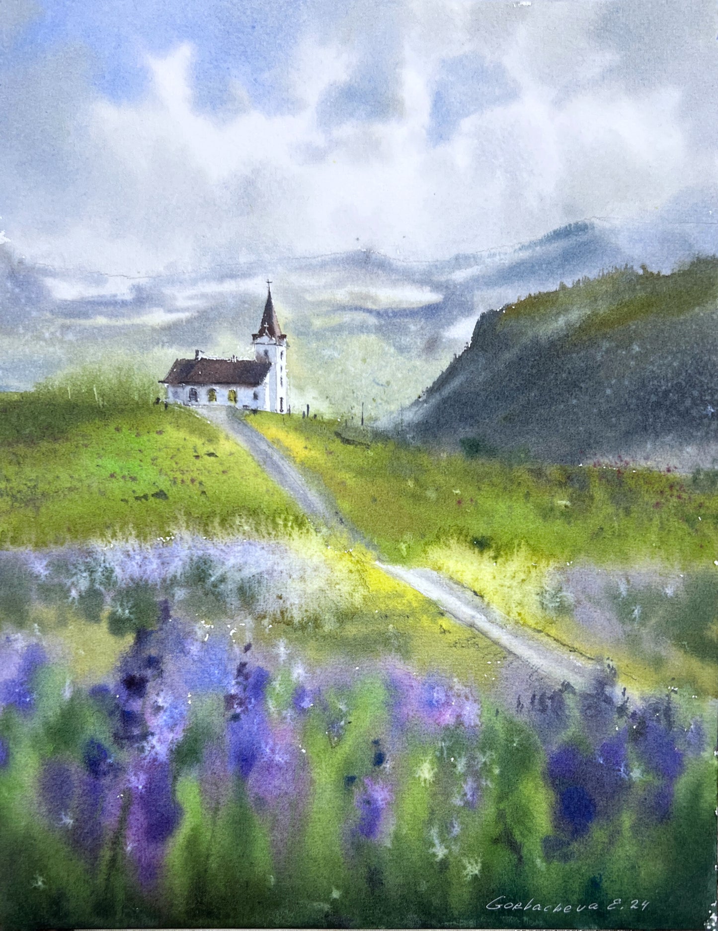 Watercolor Painting of Church in The Mountains, Spring Landscape, Home Wall Art, Original Artwork, Lilac Flower Field