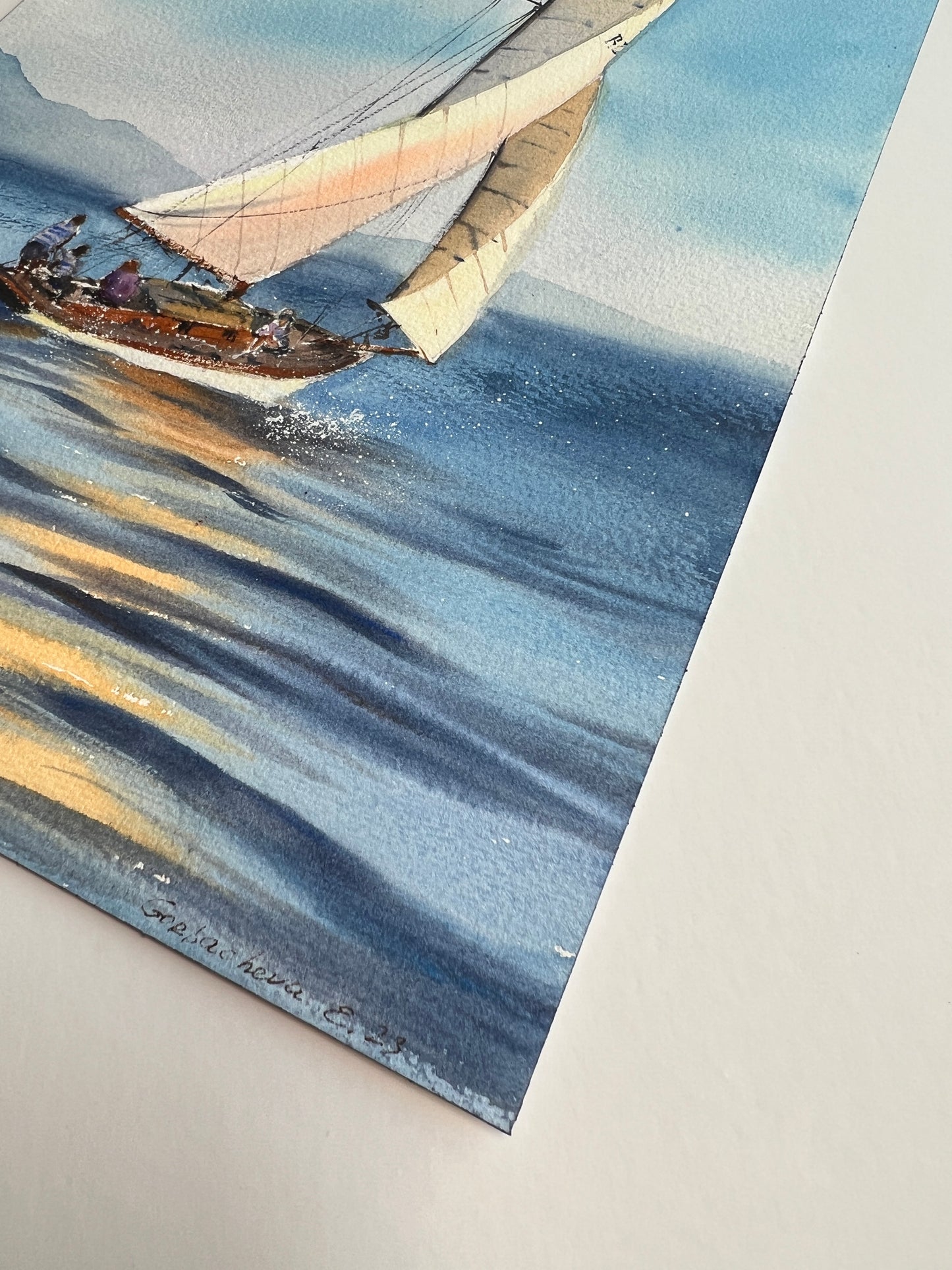 Sailboat Painting Original, Watercolor Lake, Coastal Art Decor, Sailing Hand-painted Artwork by Eugenia Gorbacheva