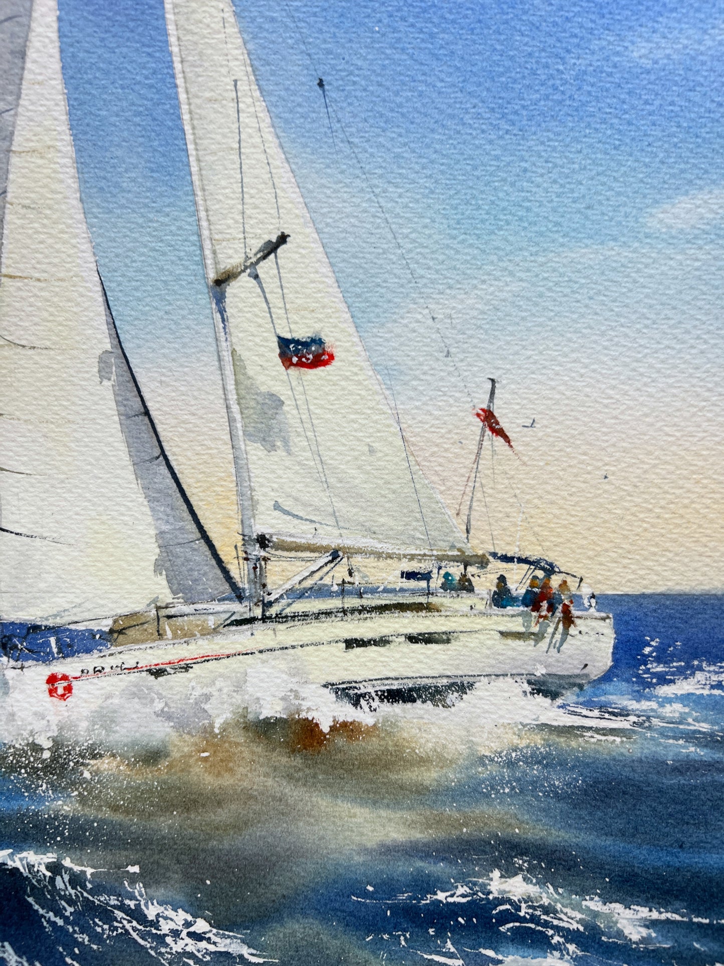 Sailboat Painting Original Watercolor, Seascape Coast Art -Yacht on the waves #5