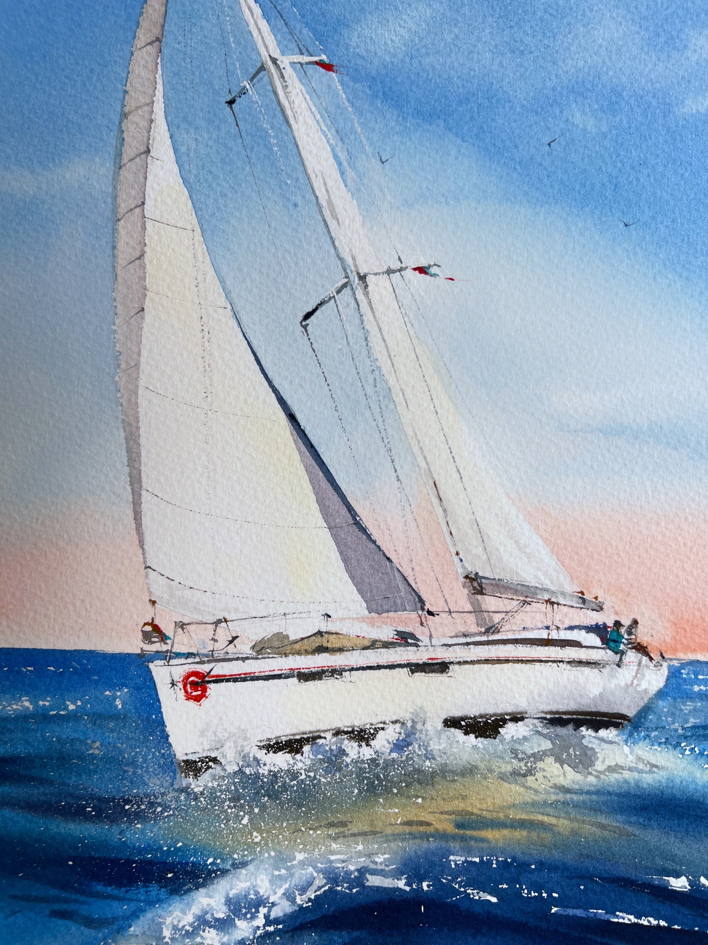 Ocean Beach Yacht Painting Watercolor Original, Sailboat Art, Nautical Wall Art, Coastal Living Room Decor, Gift