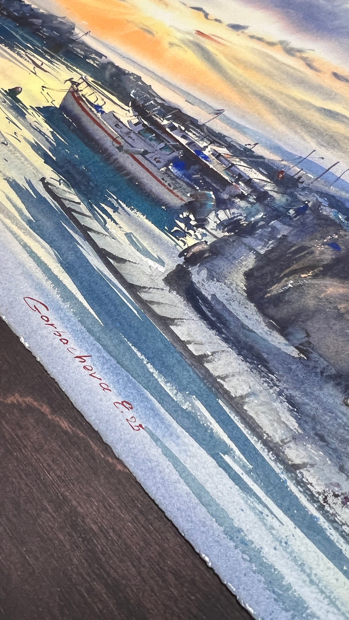 Cyprus Harbor Sunset Watercolor Painting, Harbor of Silent Dreams 15x22 in