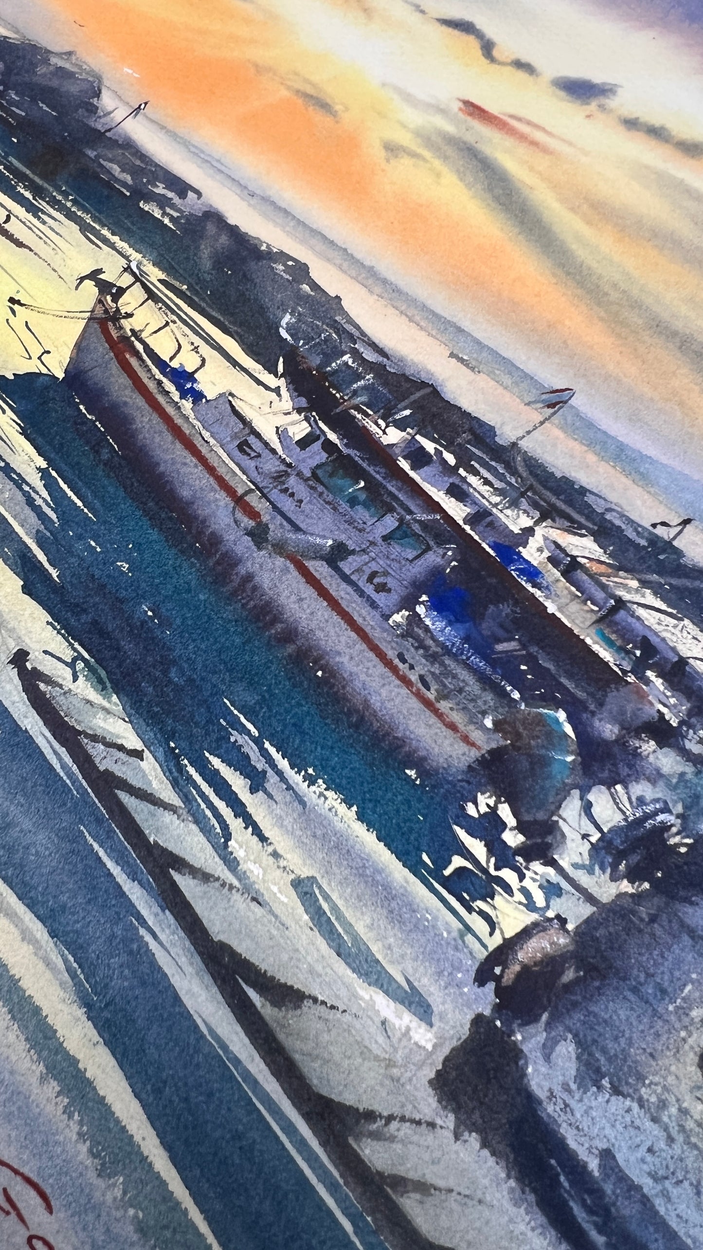 Cyprus Harbor Sunset Watercolor Painting, Harbor of Silent Dreams 15x22 in