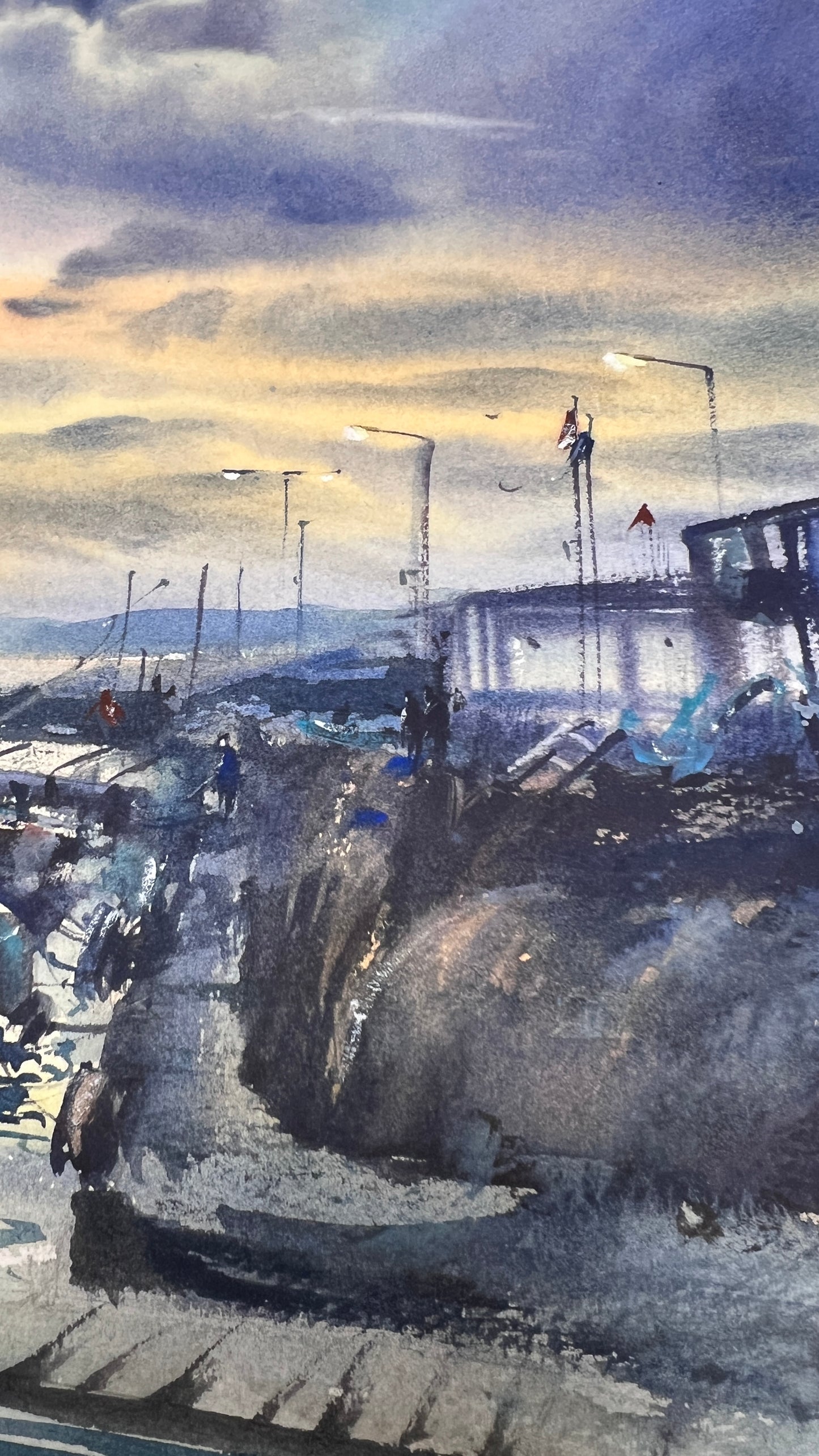 Cyprus Harbor Sunset Watercolor Painting, Harbor of Silent Dreams 15x22 in