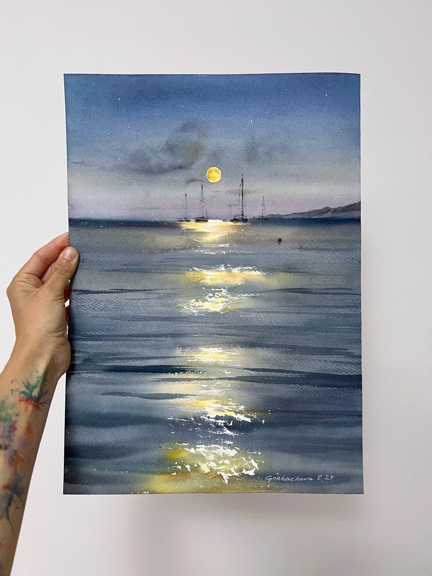 Ocean Beach Yacht Painting Watercolor Original - In the moonlight #6