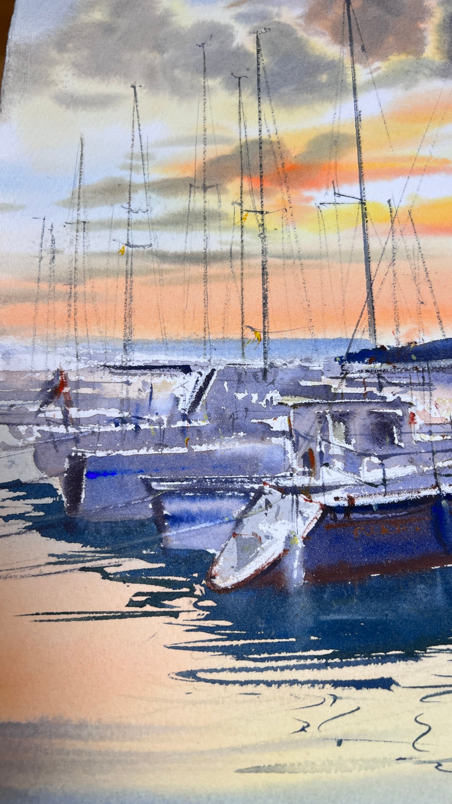 Sailing Boats Watercolor Painting Original Sunset Seascape Wall Art, The Silent Harbor 15x22