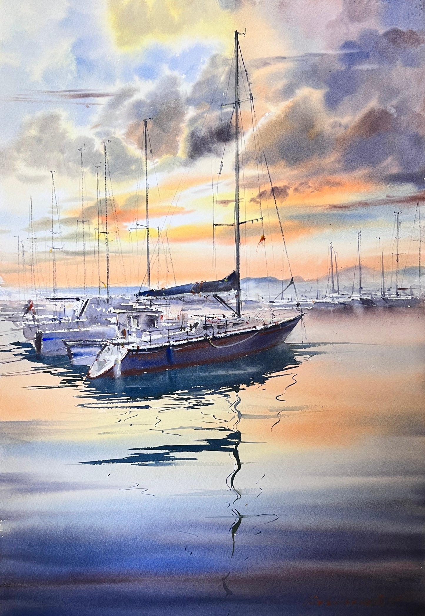 Sailing Boats Watercolor Painting Original Sunset Seascape Wall Art, The Silent Harbor 15x22
