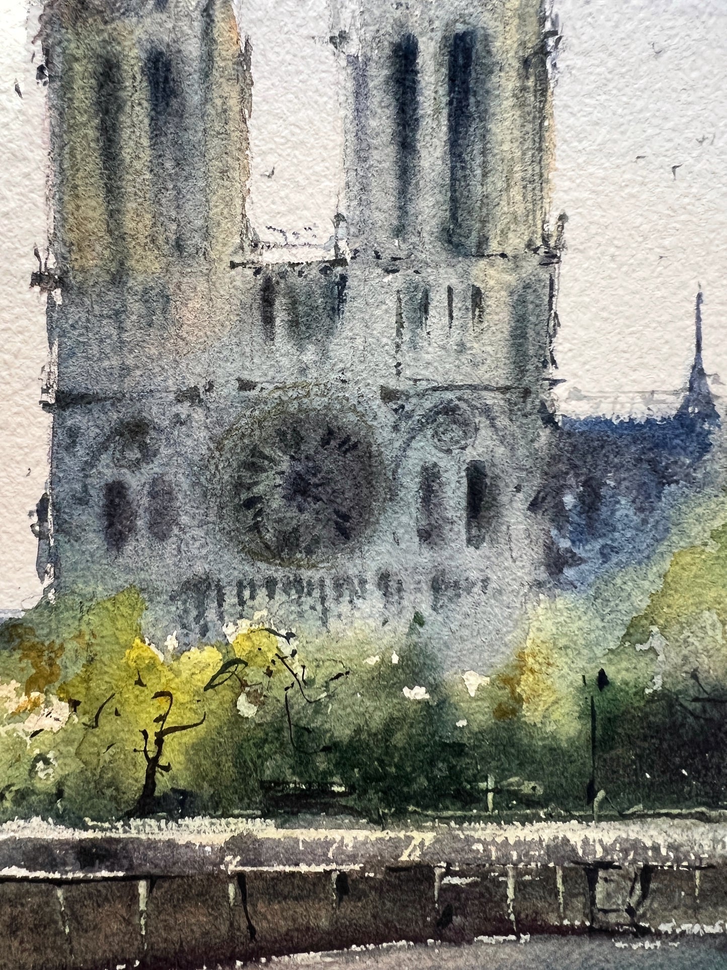 Elegant Original Watercolor Painting: Notre Dame de Paris by the Seine