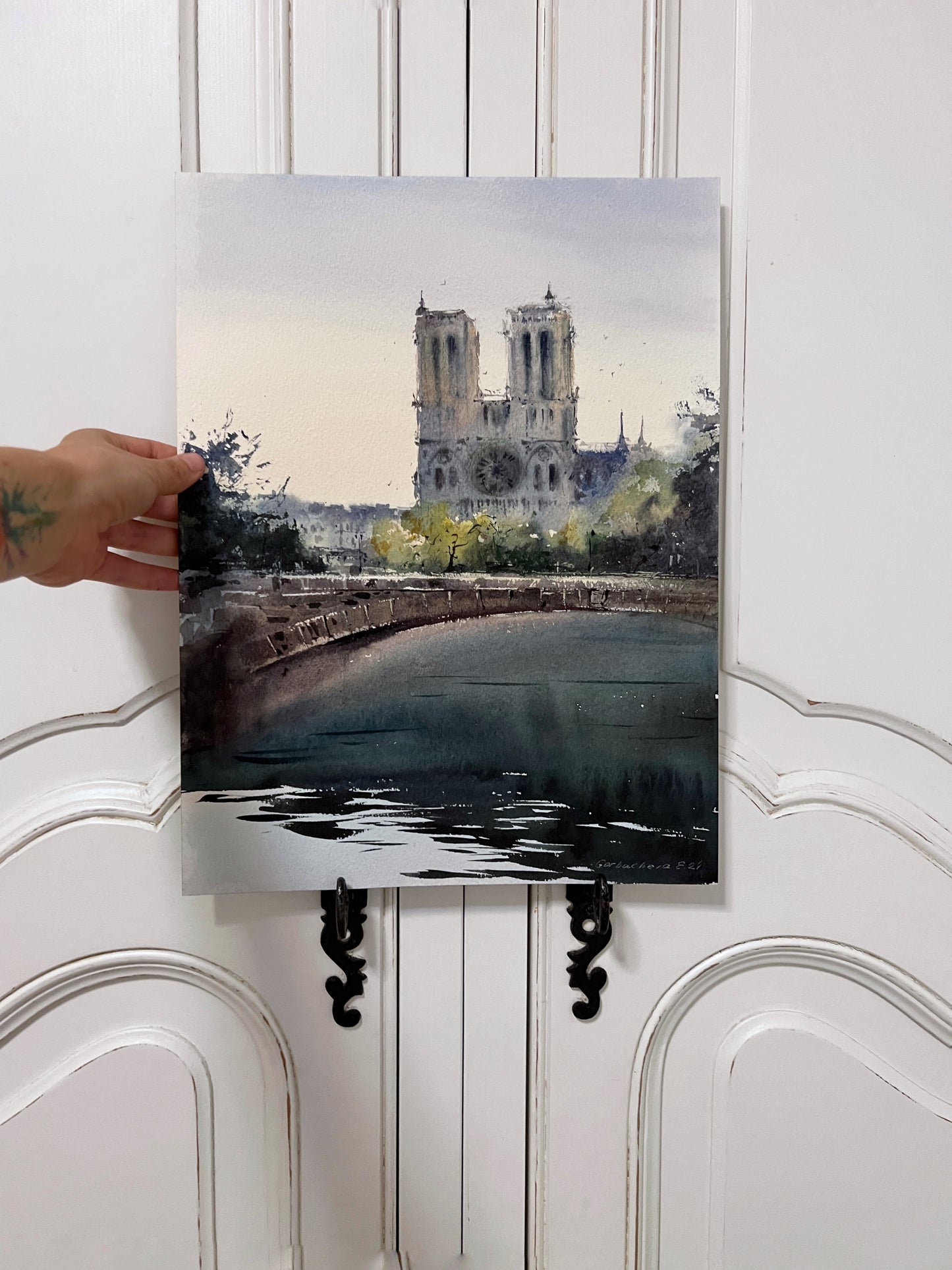 Elegant Original Watercolor Painting: Notre Dame de Paris by the Seine