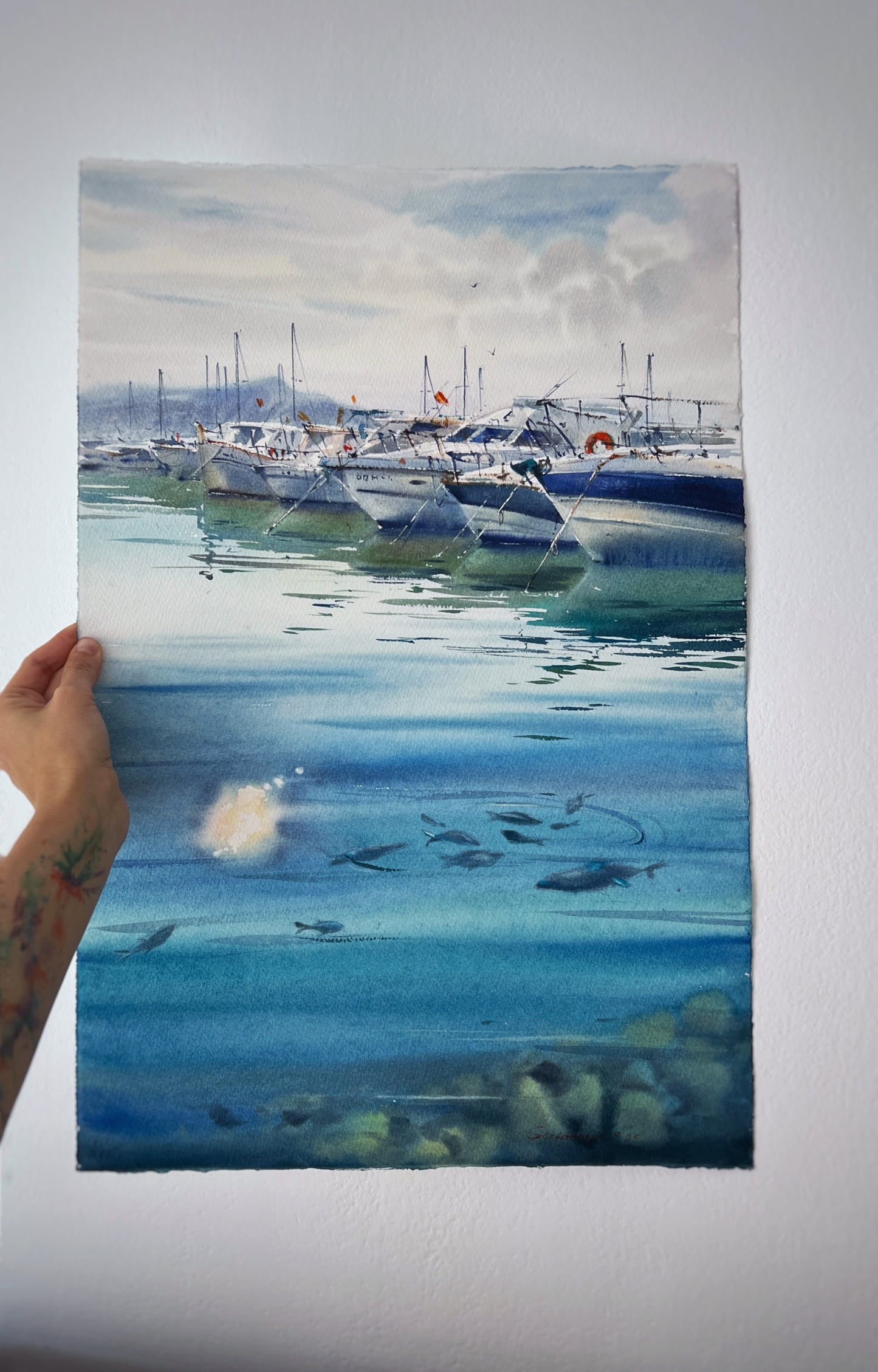 Spain Harbor Watercolor Original Painting, Azure Spanish Silence 15x22